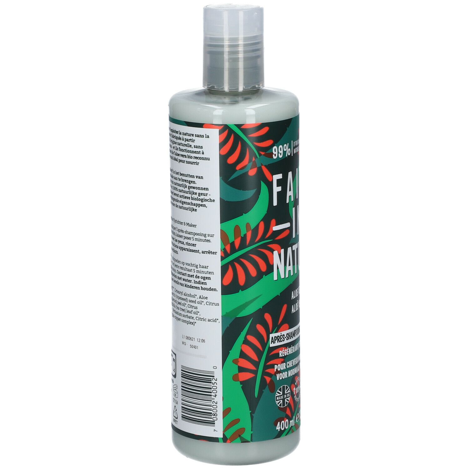 Flacon de revitalisant vert. Inscription : FAITH IN NATURE, Aloe Vera. 400 ml. Décoré de feuilles vertes et rouges.