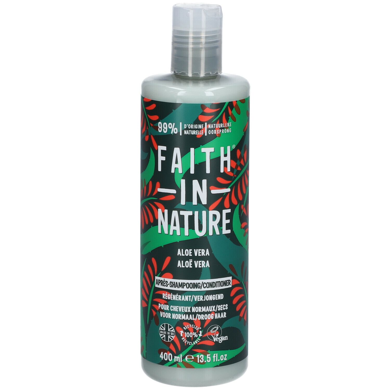 Flacon de revitalisant vert. Inscription : FAITH IN NATURE, Aloe Vera. 400 ml. Décoré de feuilles vertes et rouges.