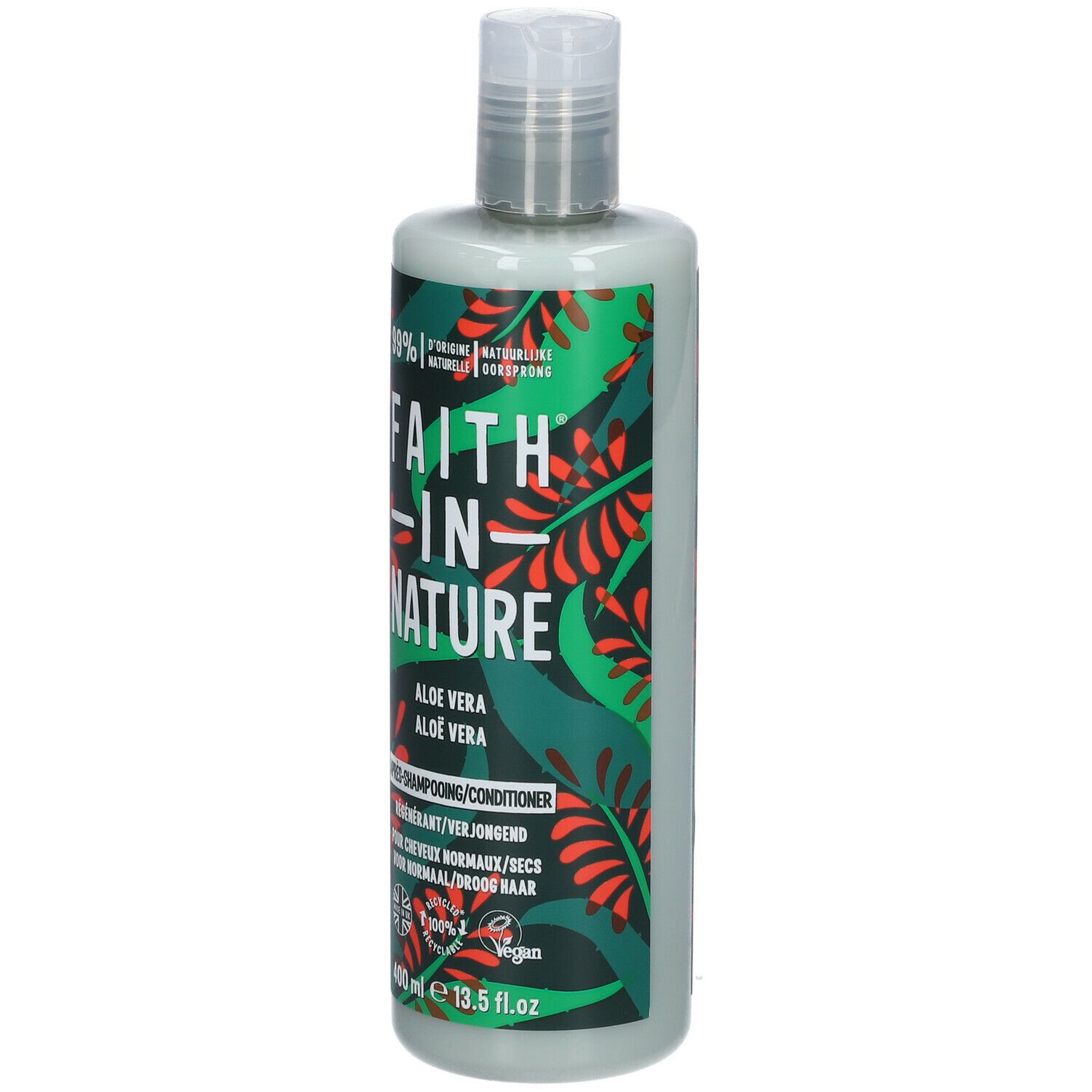 Flacon de revitalisant vert. Inscription : FAITH IN NATURE, Aloe Vera. 400 ml. Décoré de feuilles vertes et rouges.