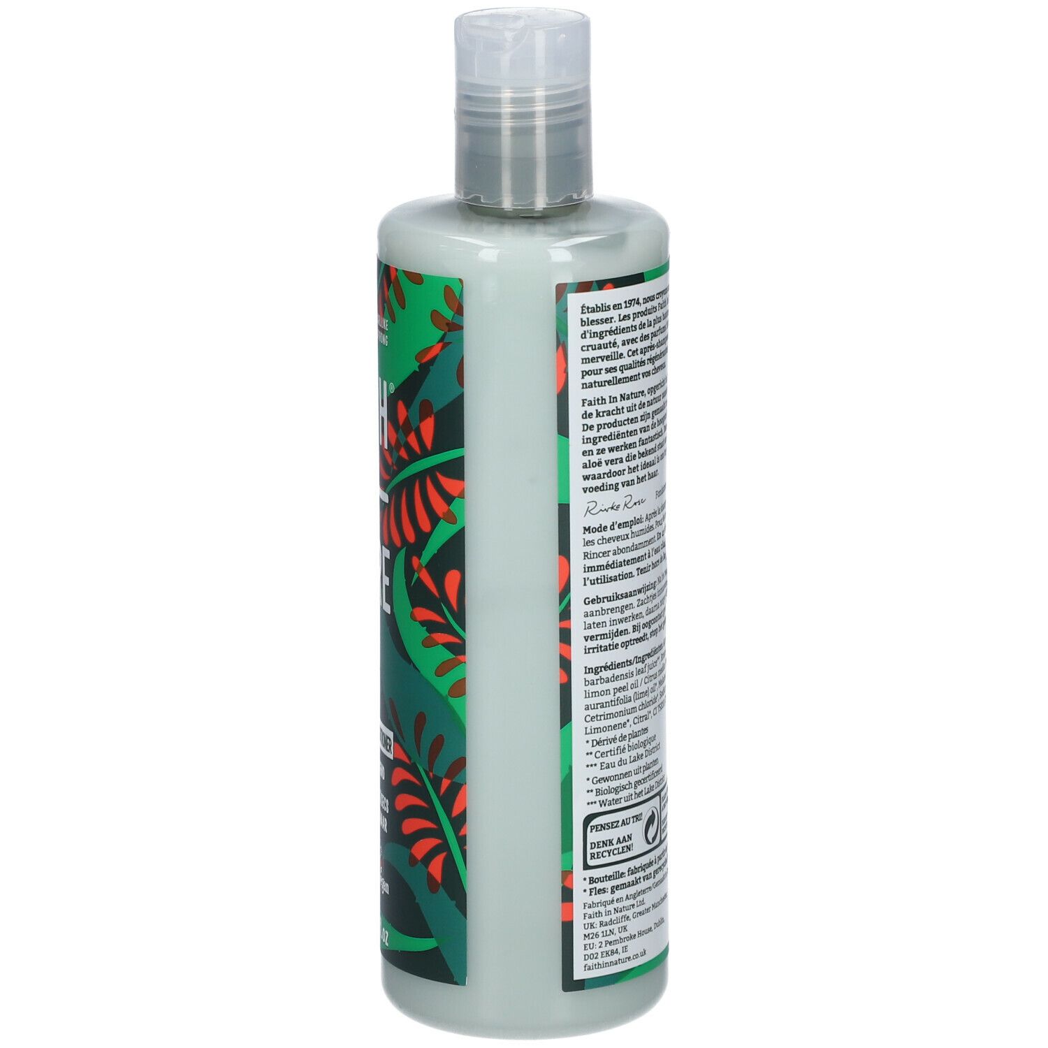 Côté du flacon de revitalisant. Inscription : FAITH IN NATURE, Aloe Vera. Décoré de feuilles vertes et rouges. Label vegan.