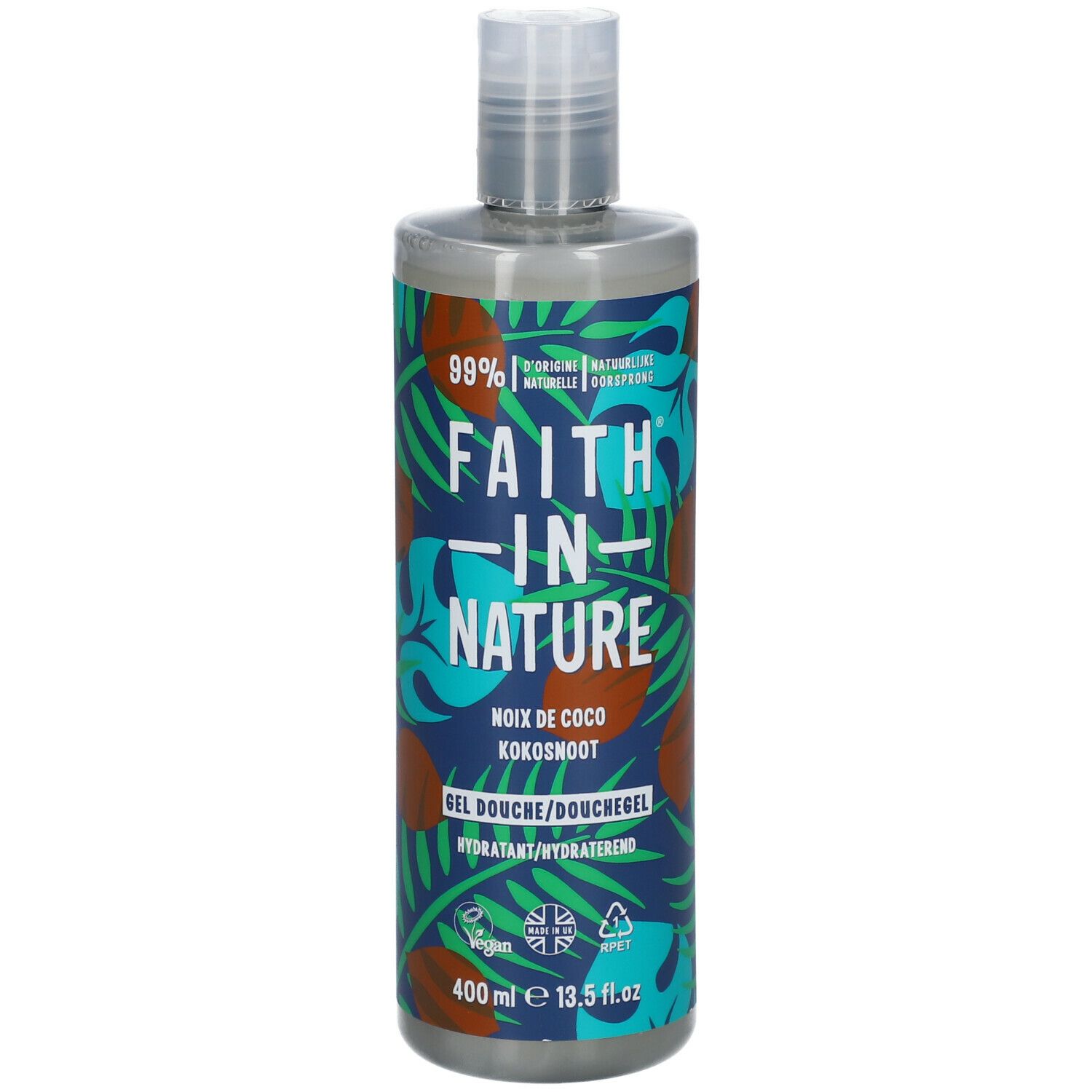 Flacon avec motif bleu-vert. Inscription : FAITH IN NATURE, noix de coco. Label végan. 400 ml.
