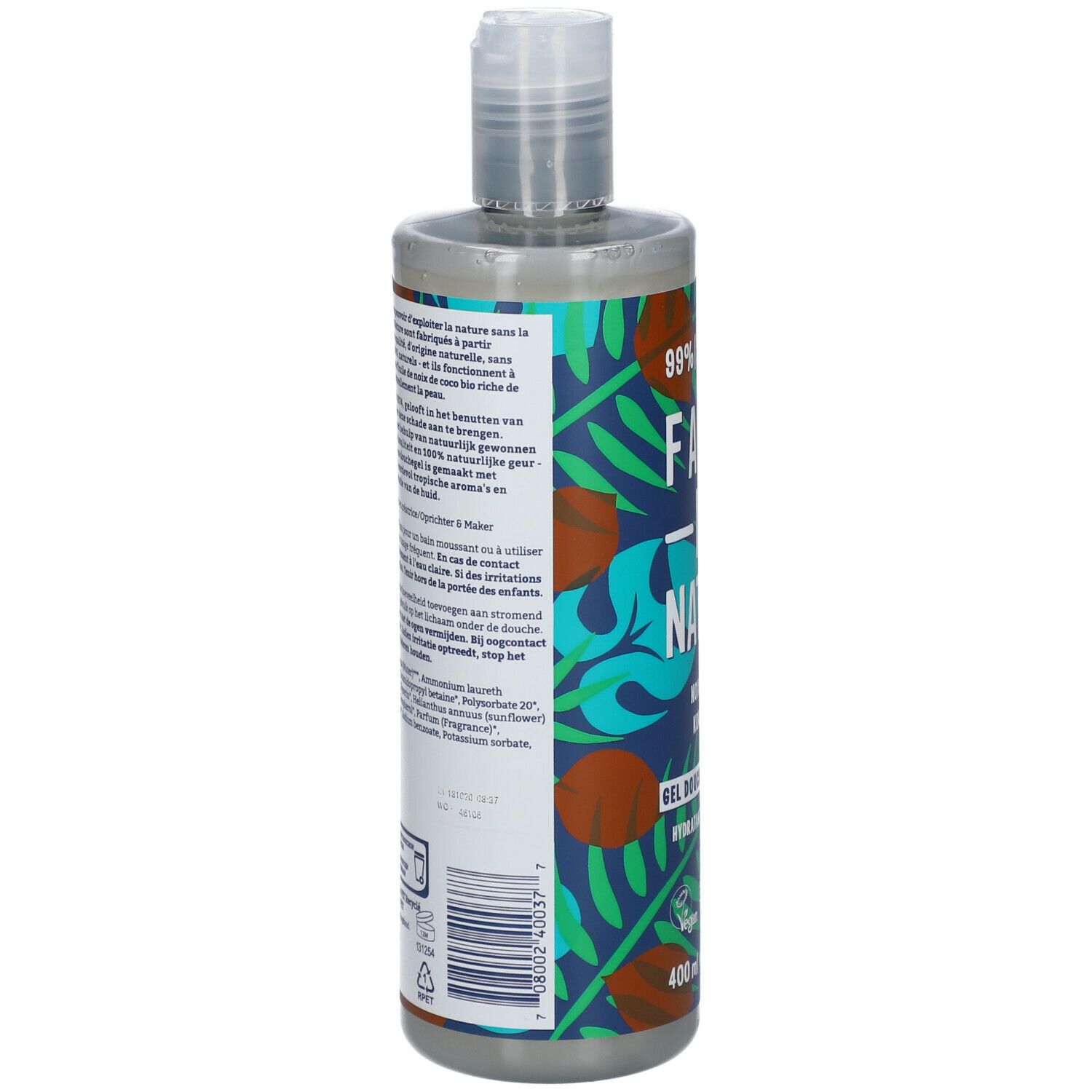 Dos du flacon. Texte multilingue. 99% ingrédients naturels. Label végan. 400 ml.