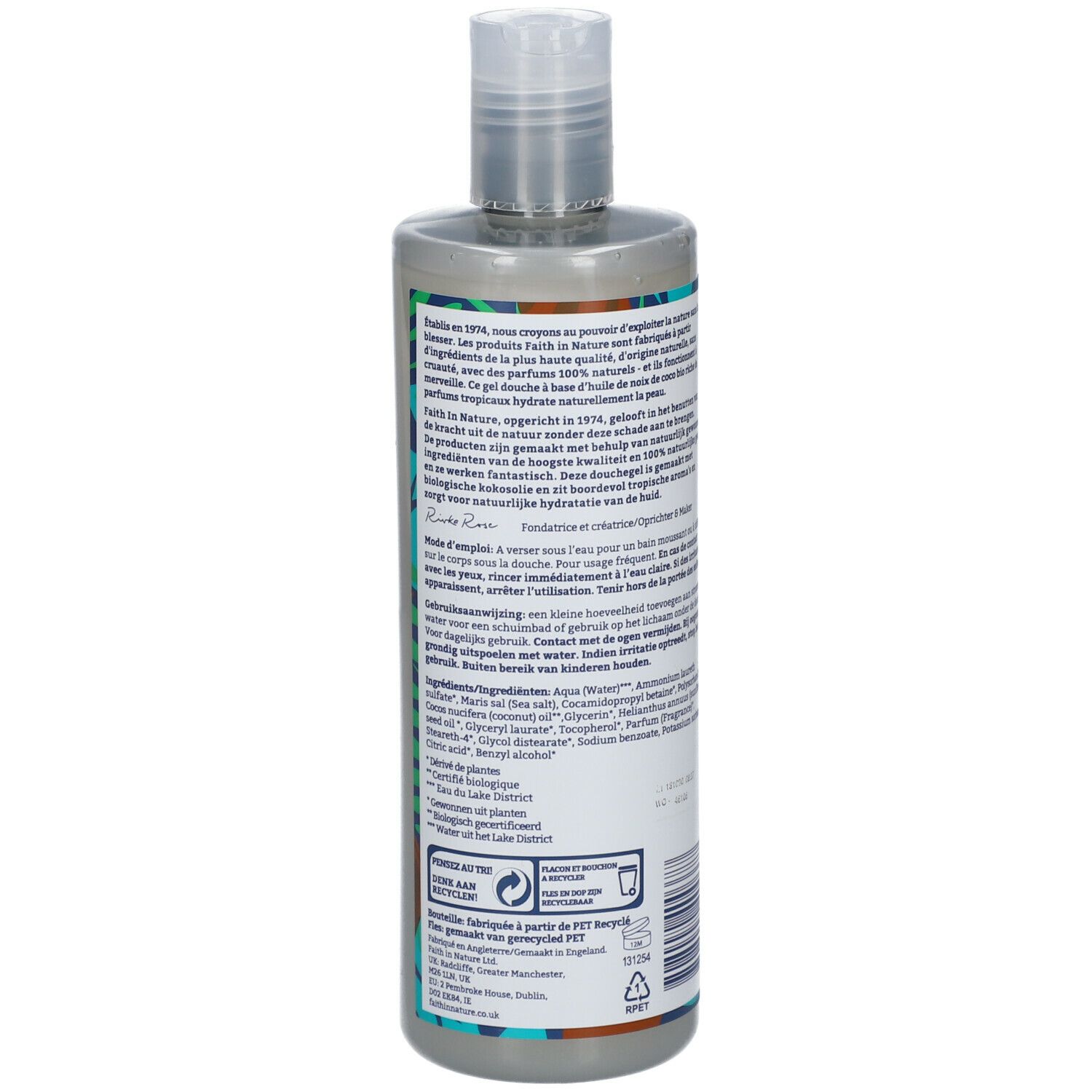 Dos du flacon. Texte multilingue. Label végan. 400 ml. Fabriqué à partir de PET recyclé.