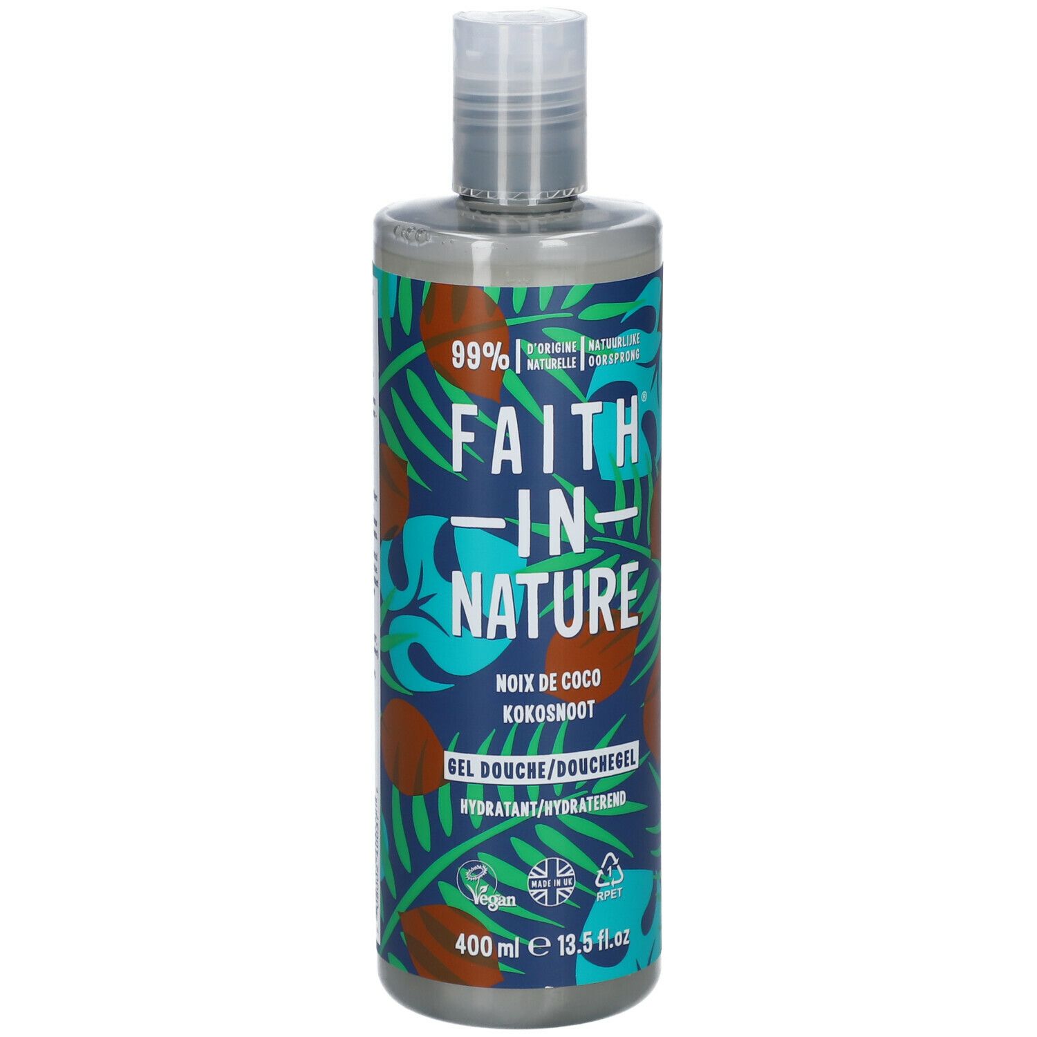 Flacon avec motif bleu-vert. Inscription : FAITH IN NATURE, noix de coco. Label végan. 400 ml.