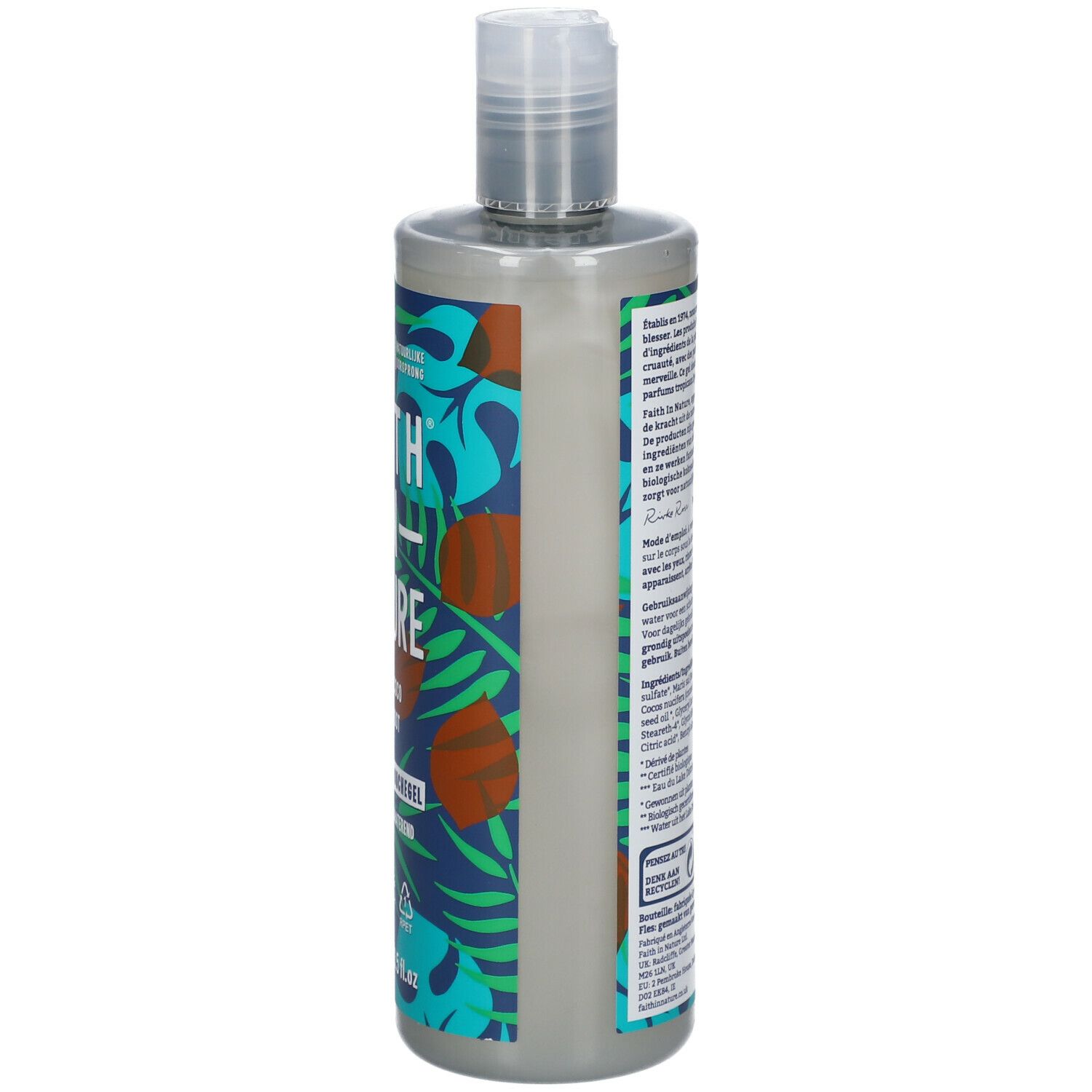 Dos du flacon. Texte multilingue. Label végan. 400 ml. Fabriqué à partir de PET recyclé.