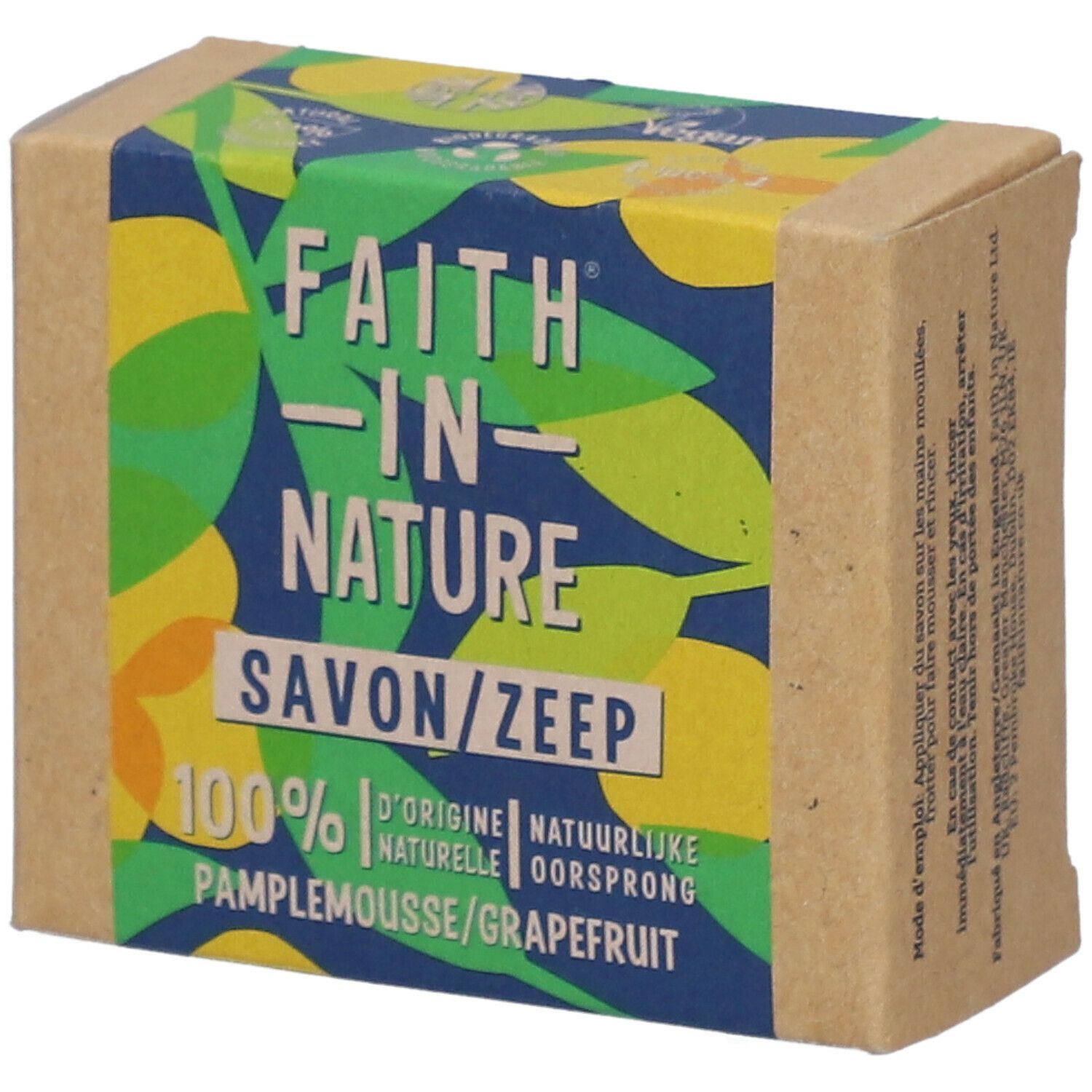 Emballage en carton. Texte: FAITH IN NATURE, SAVON/ZEEP, 100% d'origine naturelle, Pamplemousse/Grapefruit.
