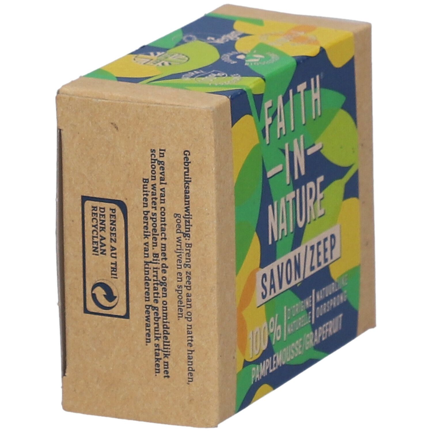 Emballage en carton, en biais. Texte: FAITH IN NATURE, SAVON/ZEEP, 100% d'origine naturelle, Pamplemousse/Grapefruit. Symbole de recyclage.