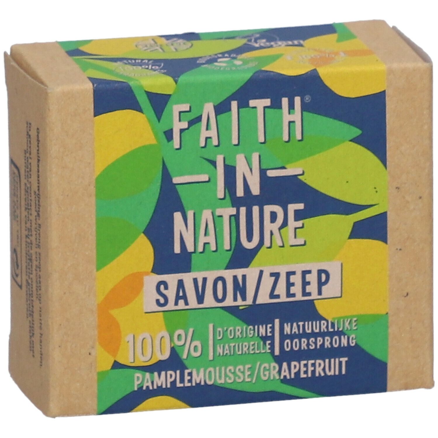 Emballage en carton. Texte: FAITH IN NATURE, SAVON/ZEEP, 100% d'origine naturelle, Pamplemousse/Grapefruit.