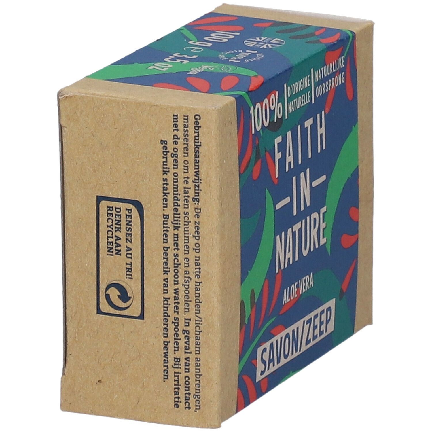 Emballage en carton avec informations produit. Inscription : FAITH IN NATURE Aloe Vera Savon/Zeep. Symbole de recyclage.
