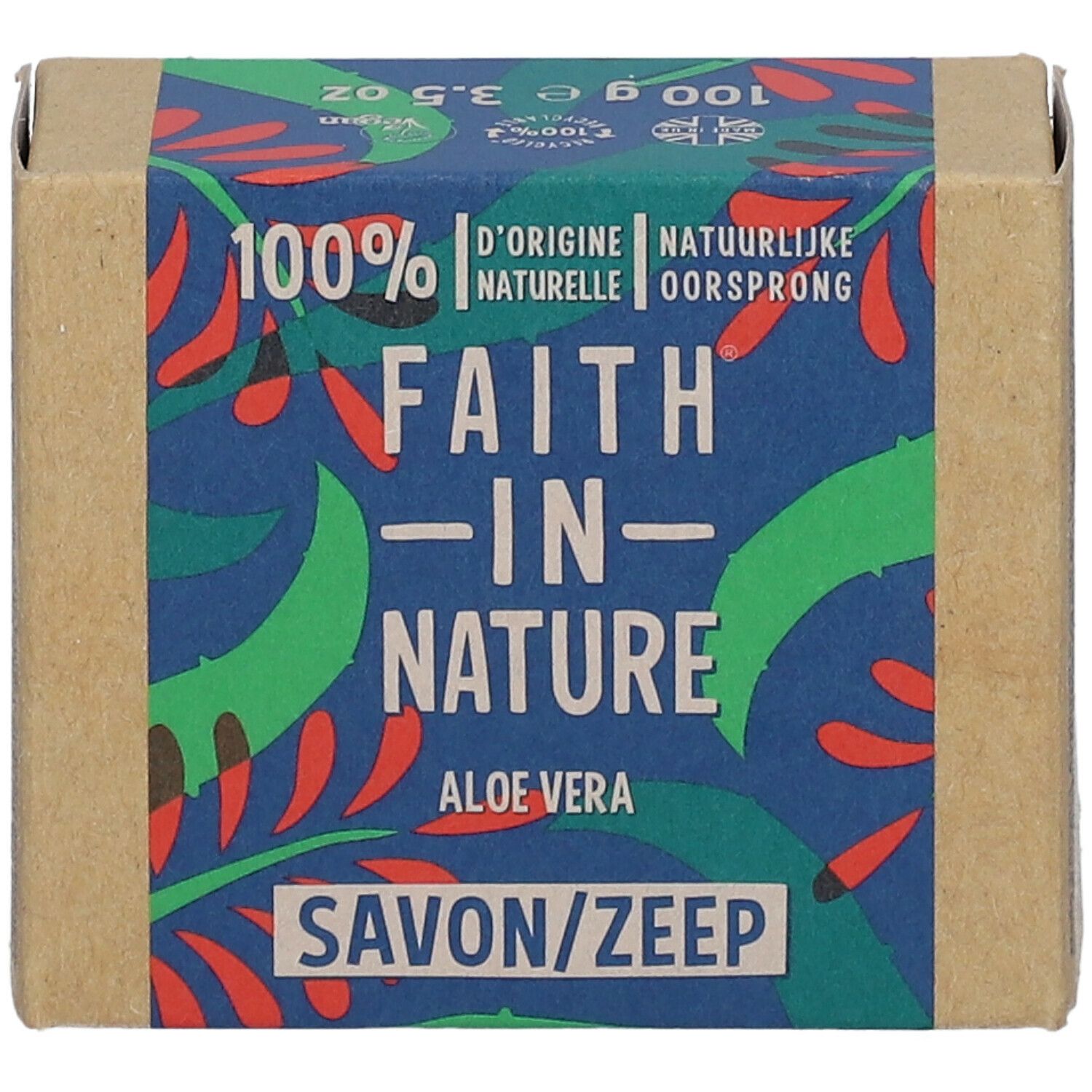 Vue de dessus d'un emballage en carton. Inscription : FAITH IN NATURE Aloe Vera Savon/Zeep. 100% D'origine naturelle.