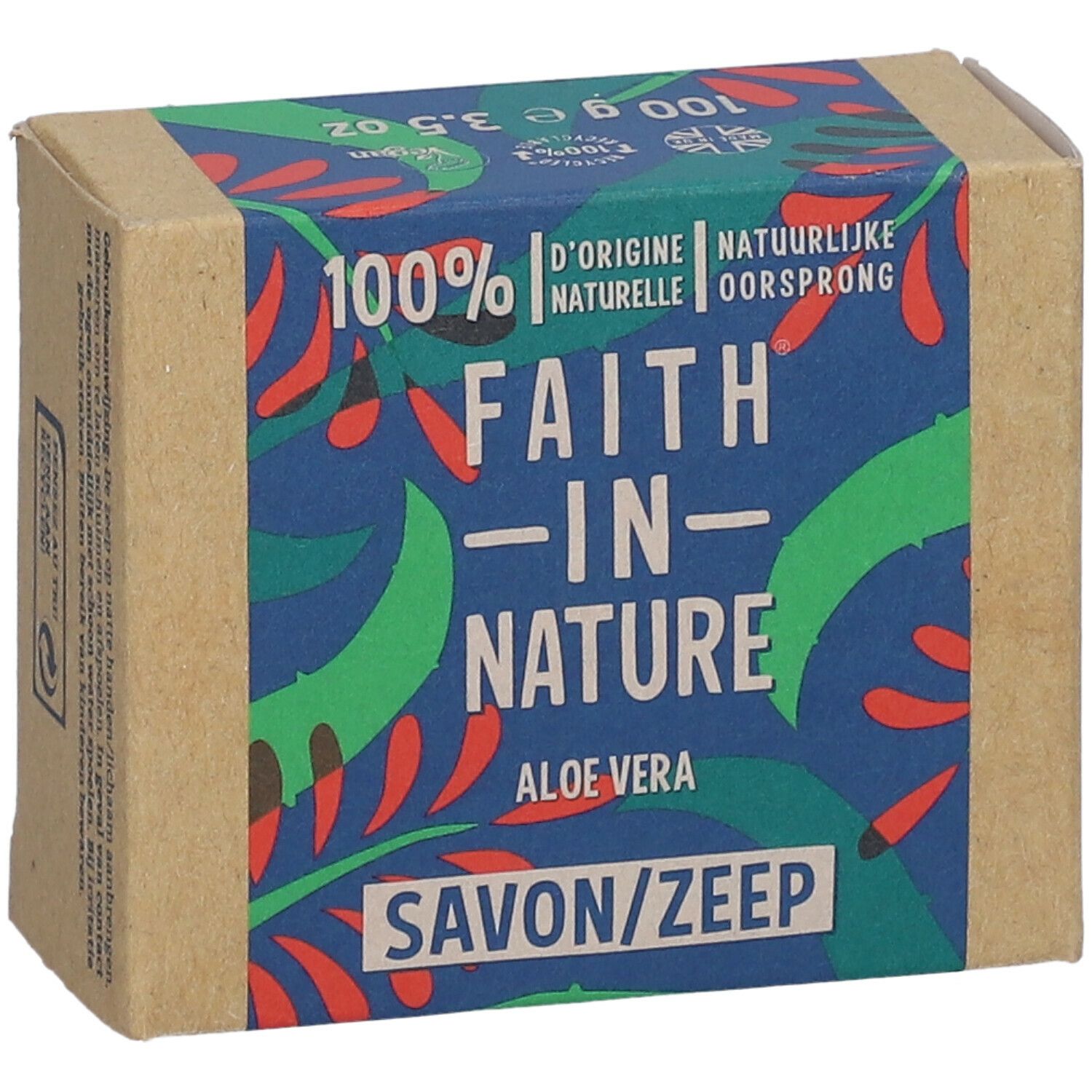 Vue de dessus d'un emballage en carton. Inscription : FAITH IN NATURE Aloe Vera Savon/Zeep. 100% D'origine naturelle.