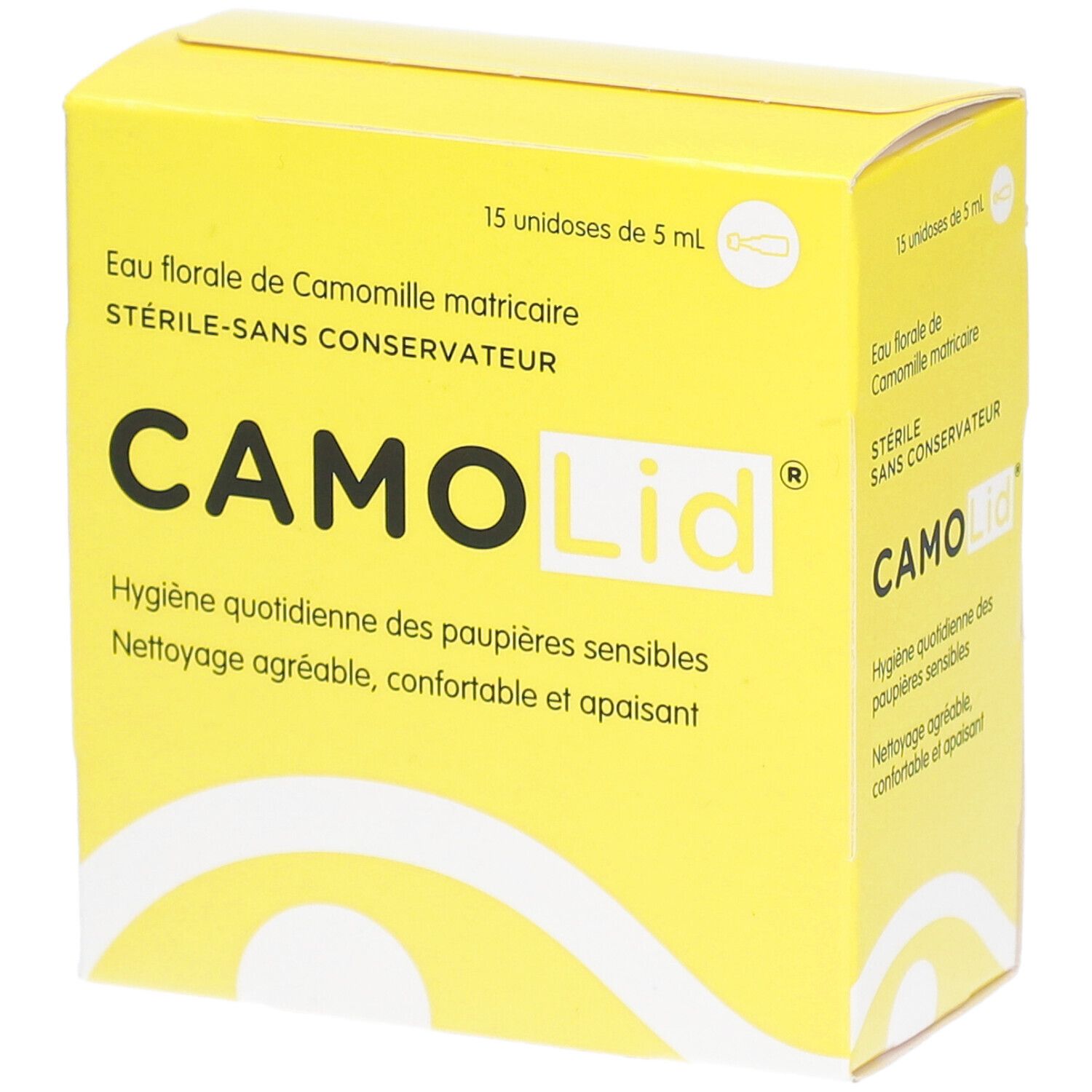 Boîte jaune CAMO Lid. Texte: Eau florale de Camomille matricaire, 15 unidoses de 5 ml. Vue perspective.