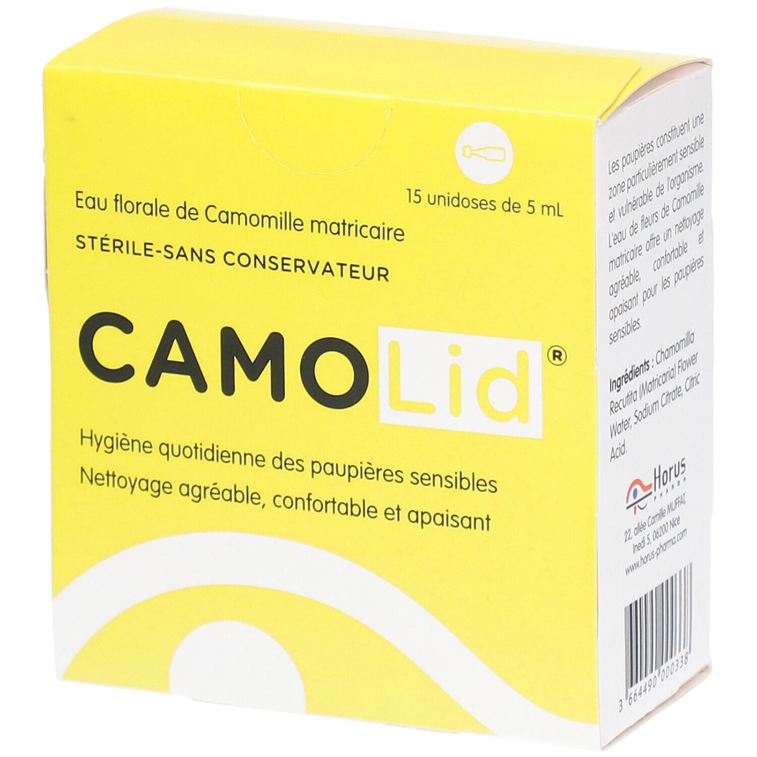 Boîte jaune CAMO Lid. Texte: Eau florale de Camomille matricaire, 15 unidoses de 5 ml. Vue perspective.