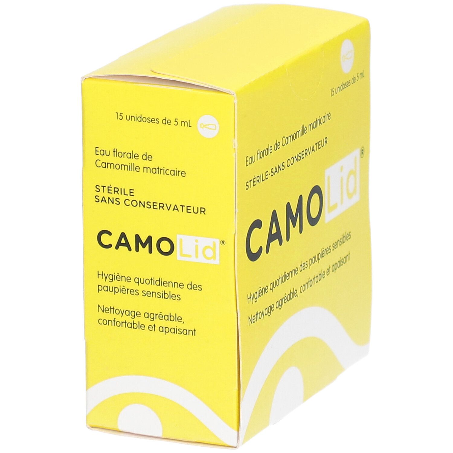 Boîte jaune CAMO Lid. Texte: Eau florale de Camomille matricaire, 15 unidoses de 5 ml. Vue perspective.