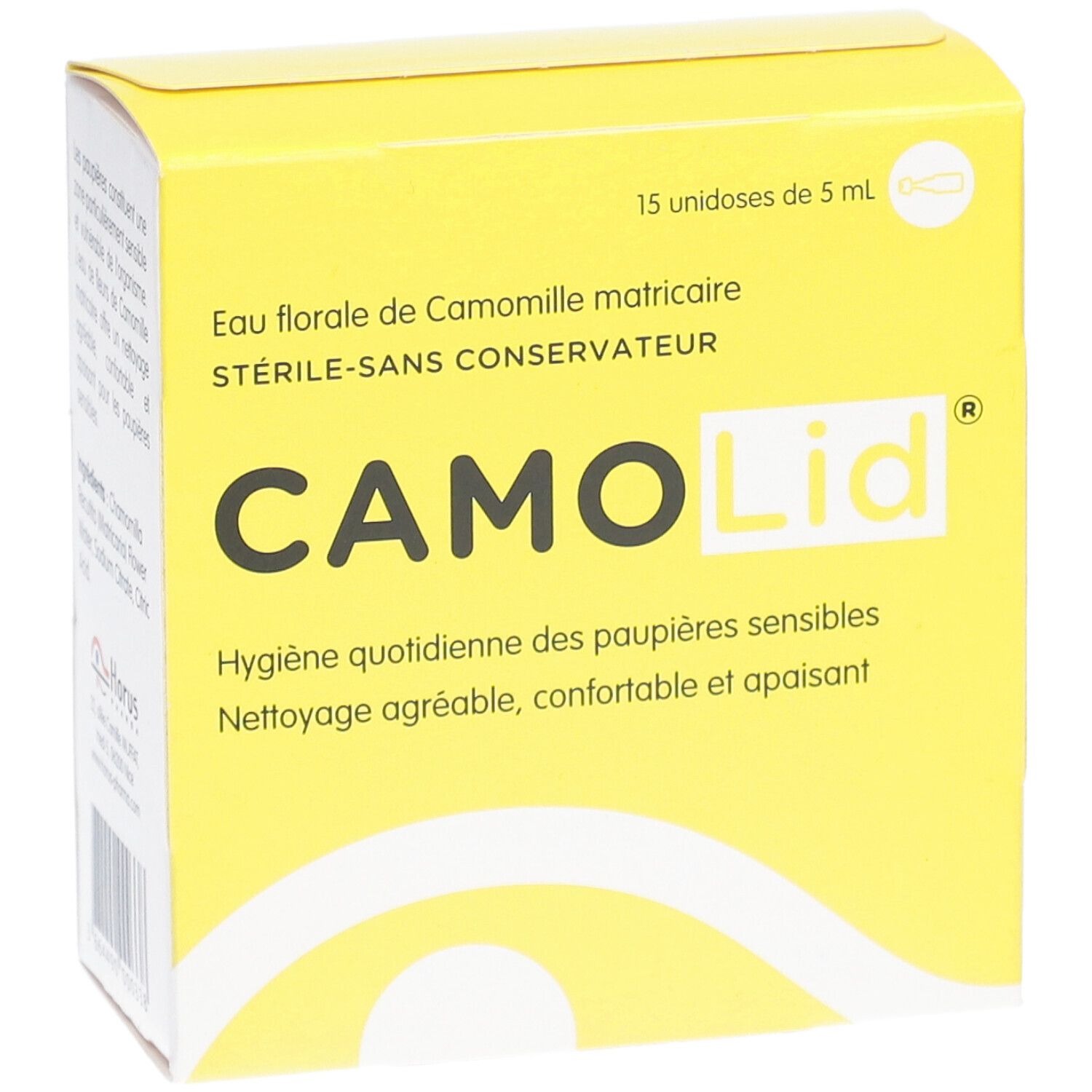 Boîte jaune CAMO Lid. Texte: Eau florale de Camomille matricaire, 15 unidoses de 5 ml. Vue perspective.