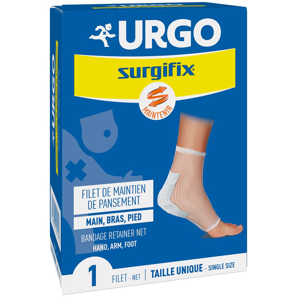 Boîte bleu et jaune. URGO Surgifix, Filet de Maintien de pansement. Illustration d'un pied avec bandage filet. Taille unique.