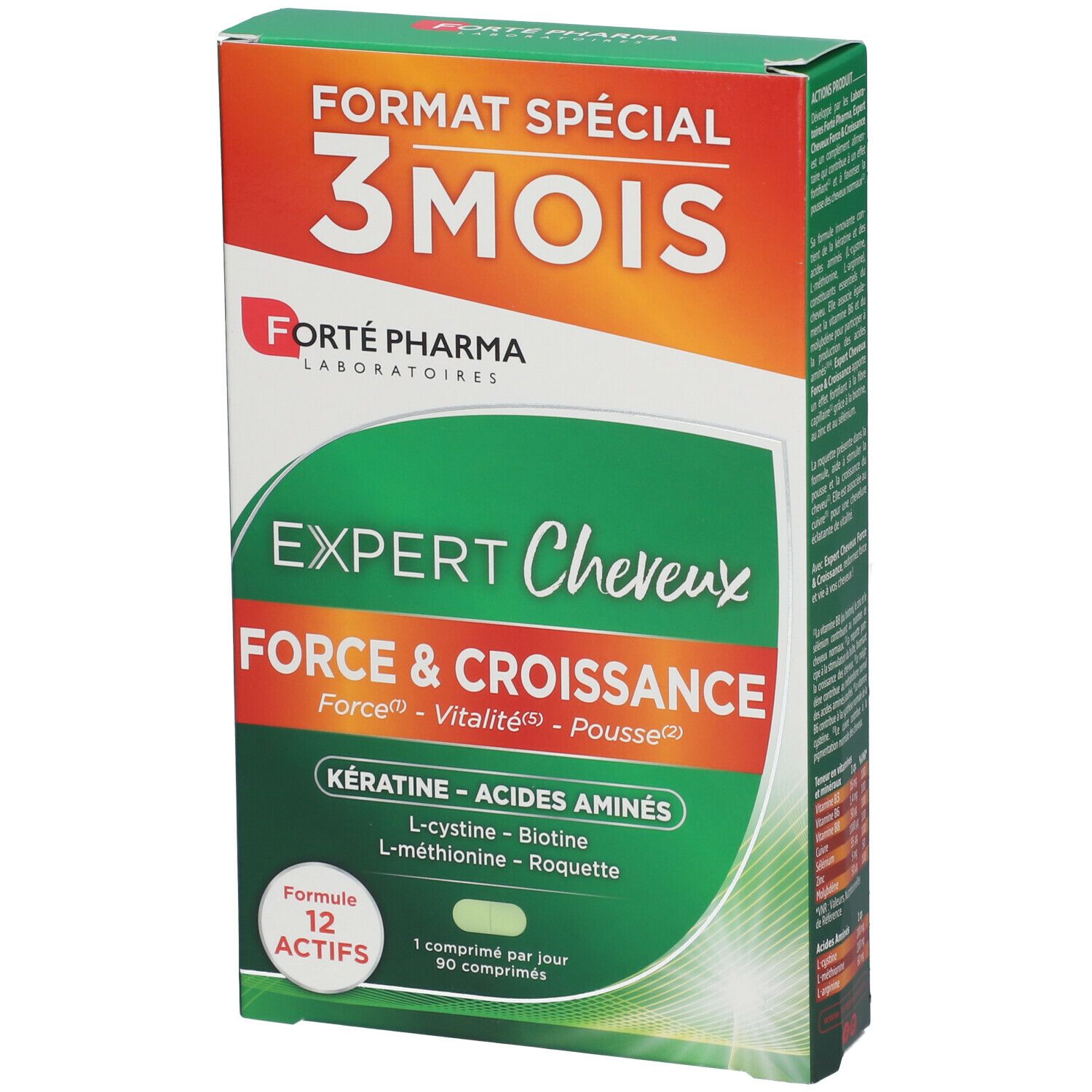 Boîte FORTE PHARMA Expert cheveux et croissance. Vert et orange, avec nom du produit et ingrédients.