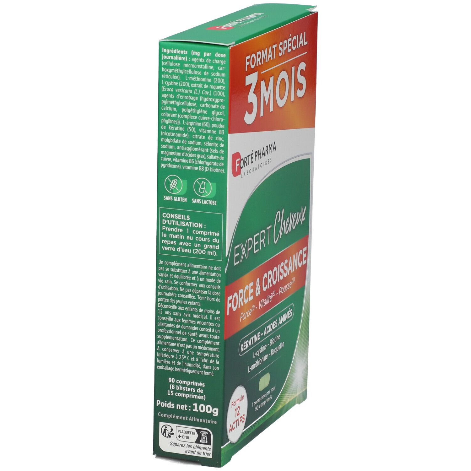 Boîte FORTE PHARMA Expert cheveux et croissance, vue latérale. Ingrédients et informations produit.