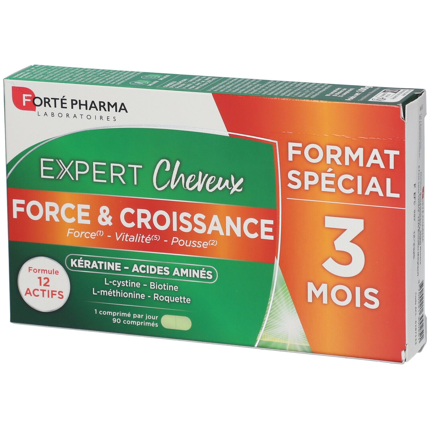 Boîte FORTE PHARMA Expert cheveux et croissance. Vert et orange, avec nom du produit et ingrédients.