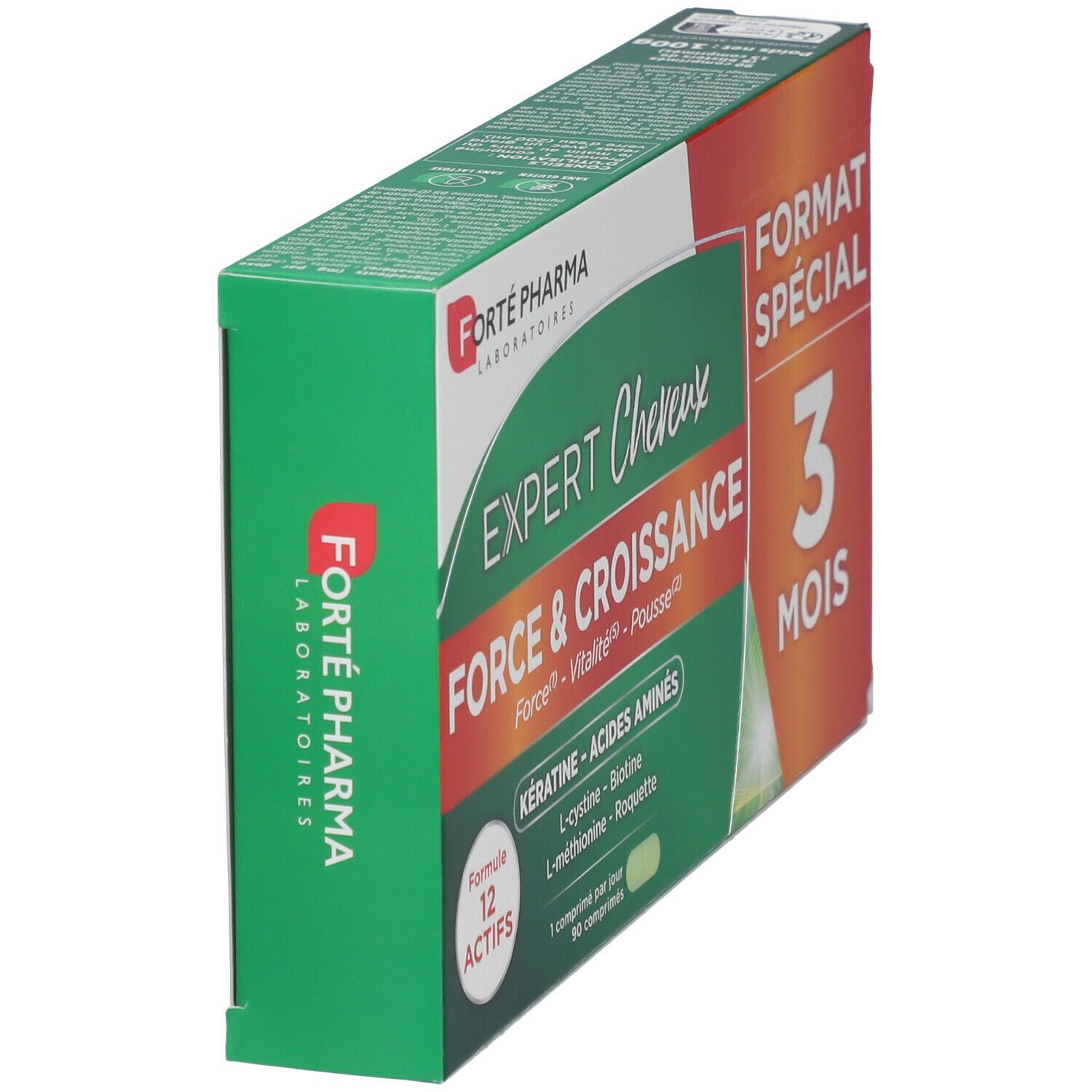 Boîte FORTE PHARMA Expert cheveux et croissance, vue oblique. Nom du produit et logo visibles.