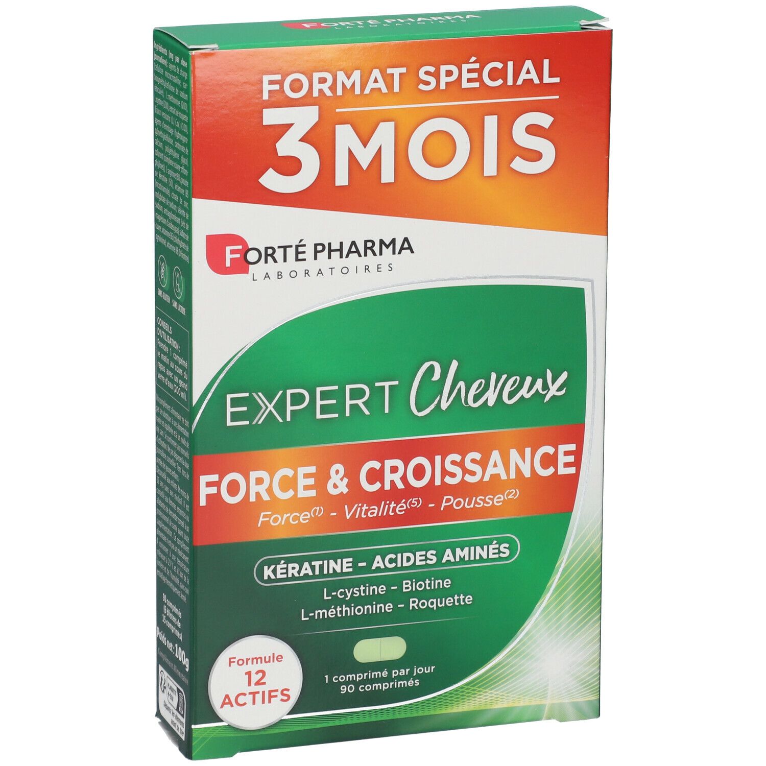 Boîte FORTE PHARMA Expert cheveux et croissance. Vert et orange, avec nom du produit et ingrédients.