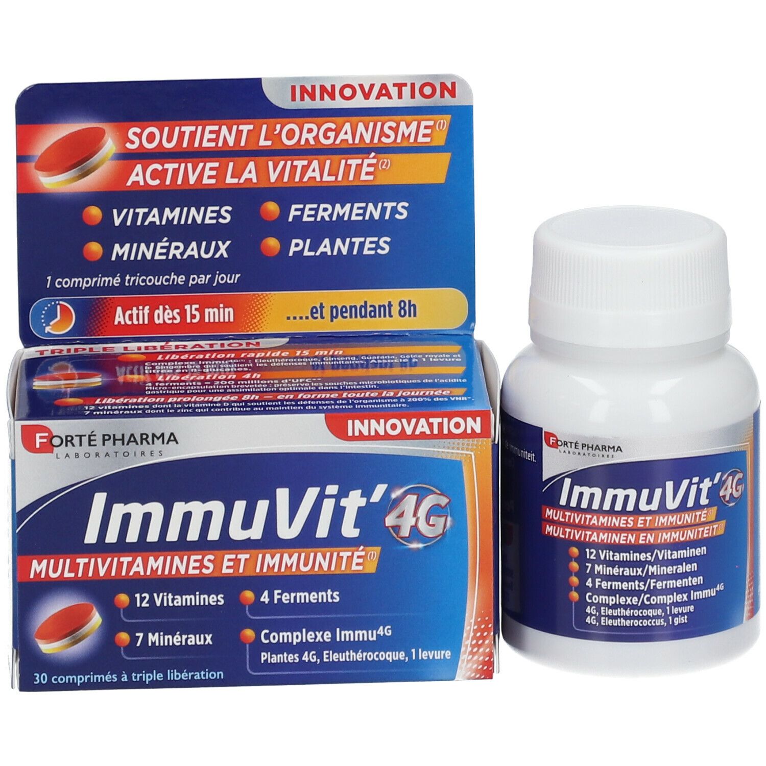 Emballage du produit avec flacon et boîte. Sur la boîte: ImmuVit'4G, 30 comprimés, marque Forté Pharma.