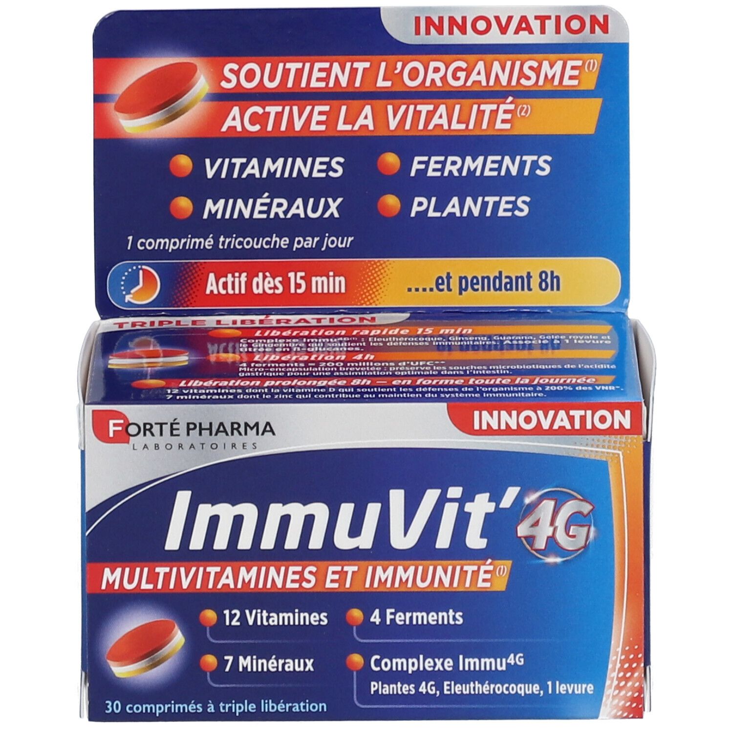Emballage du produit, boîte ouverte. Sur la boîte: ImmuVit'4G, 30 comprimés, marque Forté Pharma.