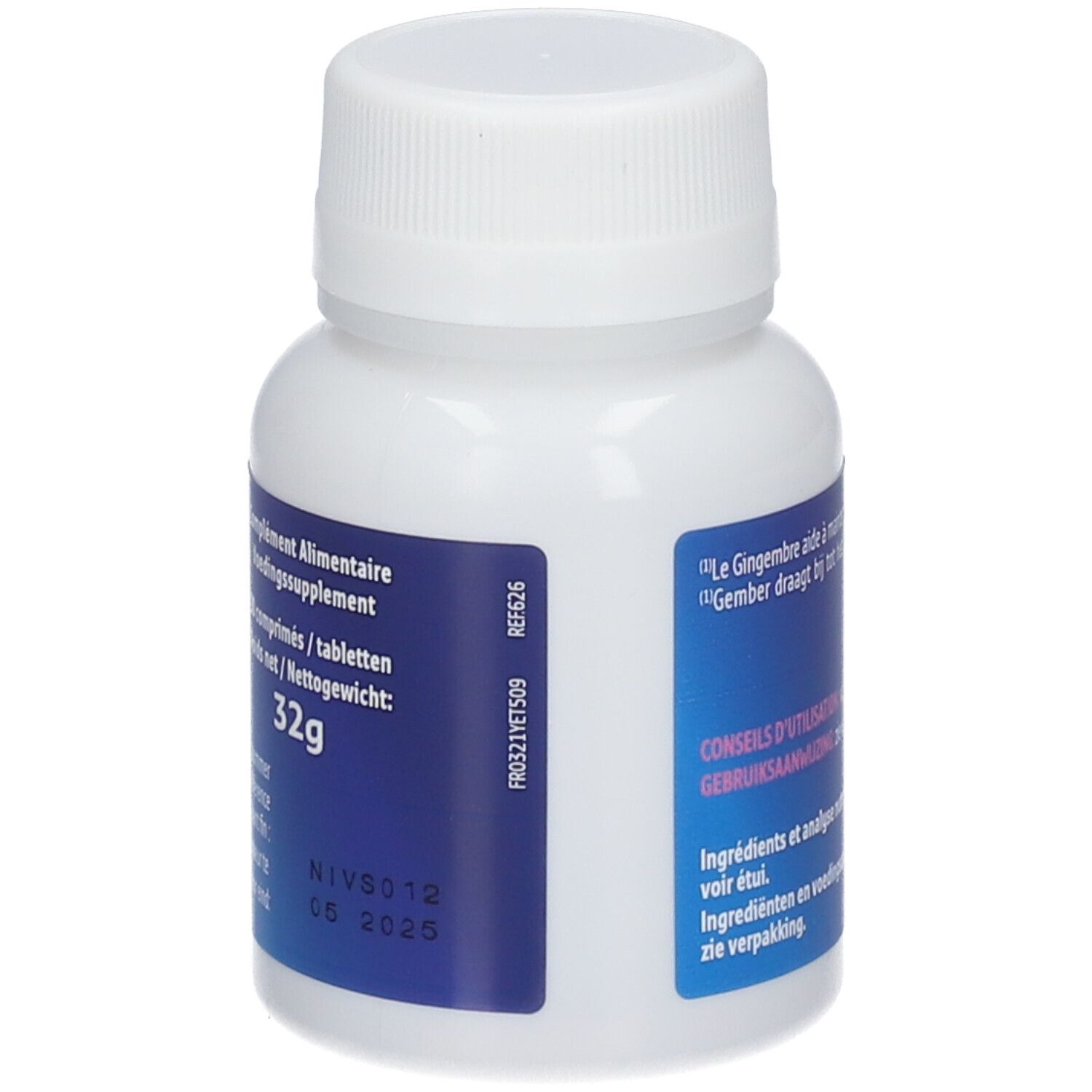 Flacon blanc avec étiquette bleue. Complément alimentaire. Poids net 32g. A consommer de préférence avant 05 2025.