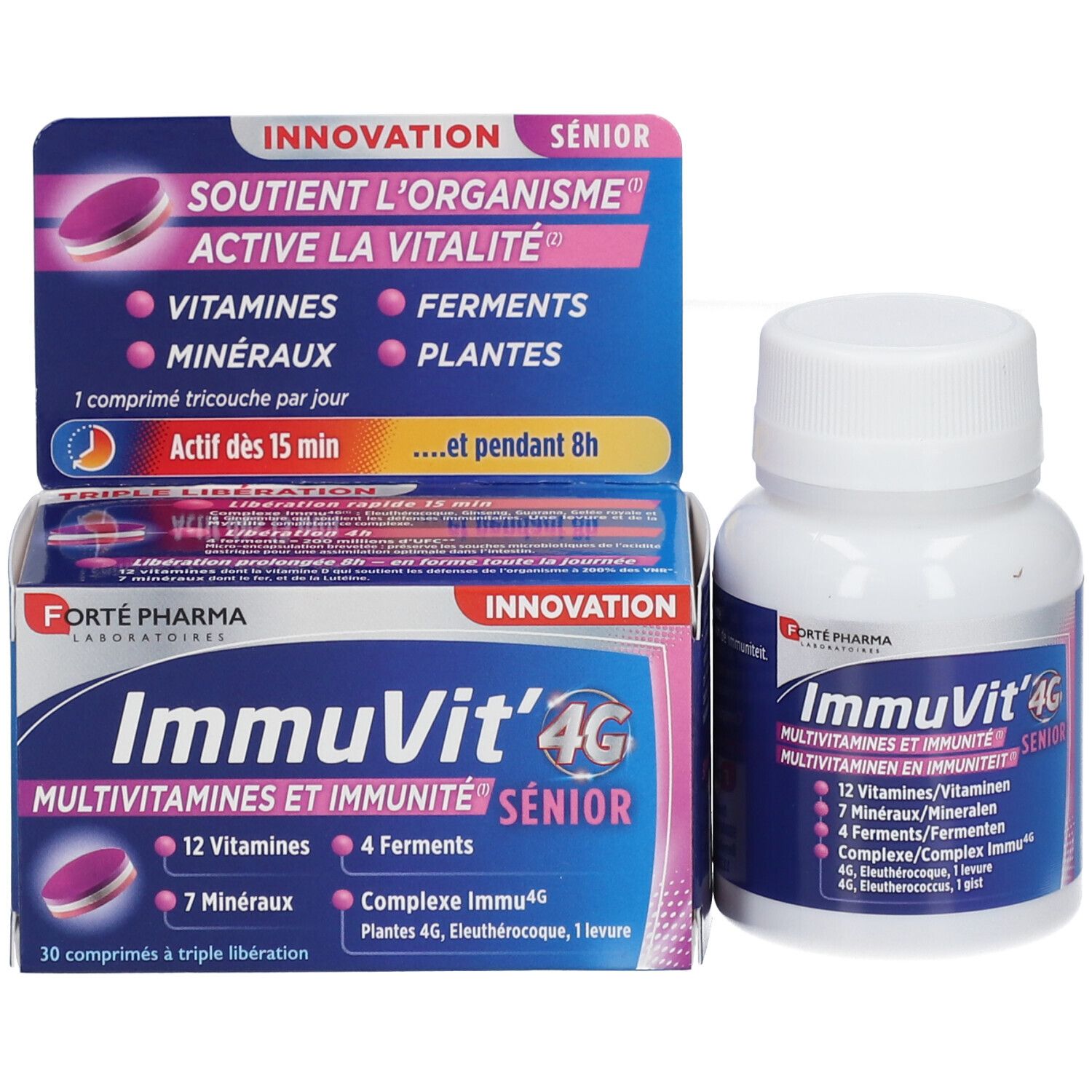 Emballage du produit avec flacon. Inscription: ImmuVit'4G Senior, Multivitamines et immunité. Contient vitamines, minéraux, ferments.