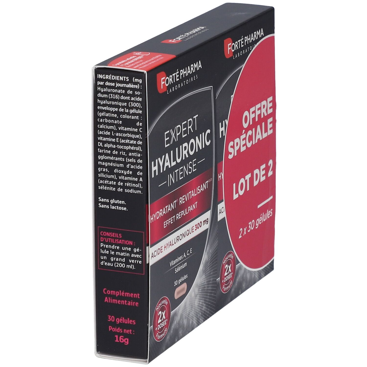 Boîte Forté Pharma Expert Hyaluronic Intense. Emballage noir avec cercle rouge et informations produit. Vue latérale.