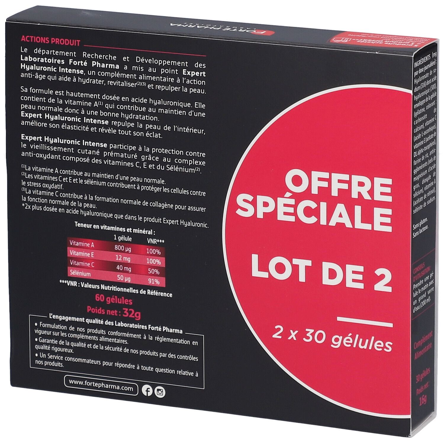 Dos de la boîte Forté Pharma Expert Hyaluronic Intense. Emballage noir avec cercle rouge et informations produit.