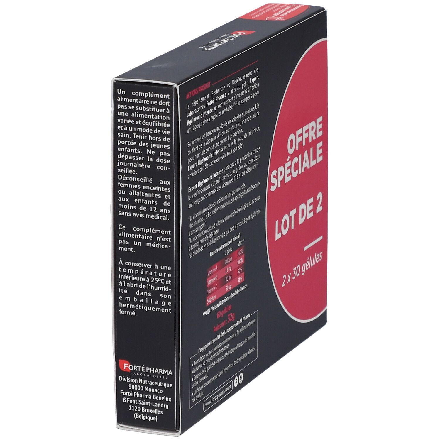 Vue latérale de la boîte Forté Pharma Expert Hyaluronic Intense. Emballage noir avec cercle rouge et informations.