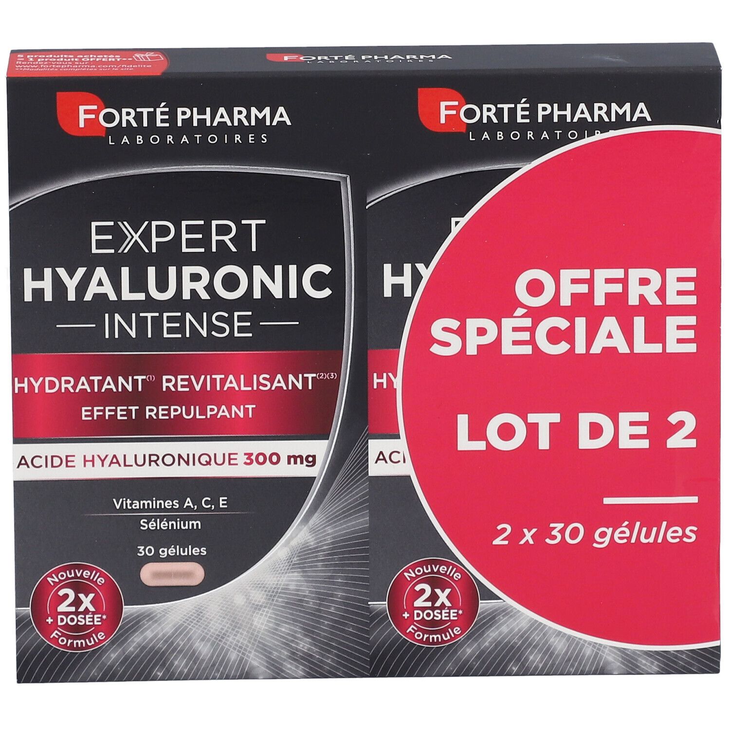 Boîte de deux Forté Pharma Expert Hyaluronic Intense. Emballage noir avec cercle rouge et informations produit.