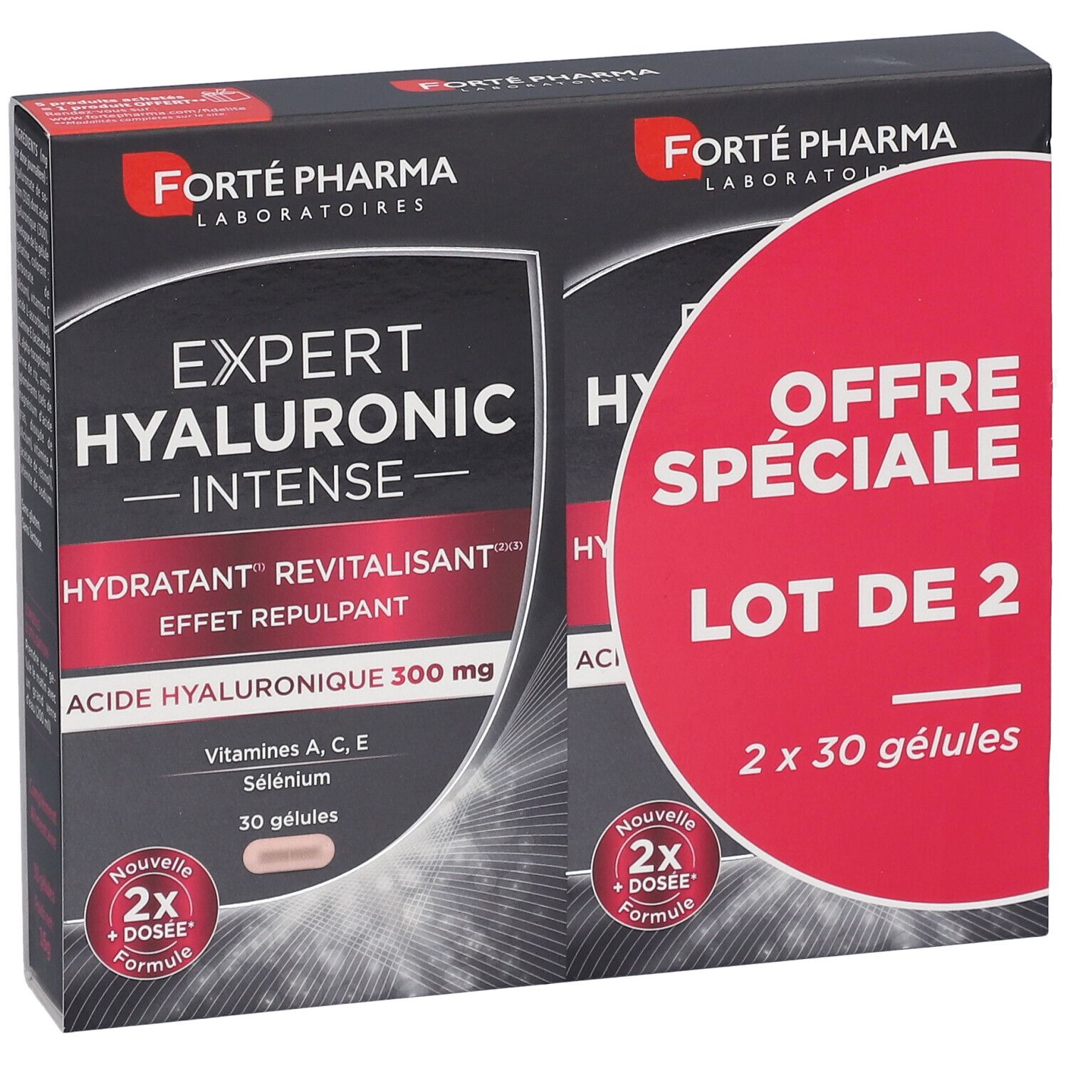 Boîte de deux Forté Pharma Expert Hyaluronic Intense. Emballage noir avec cercle rouge et informations produit.