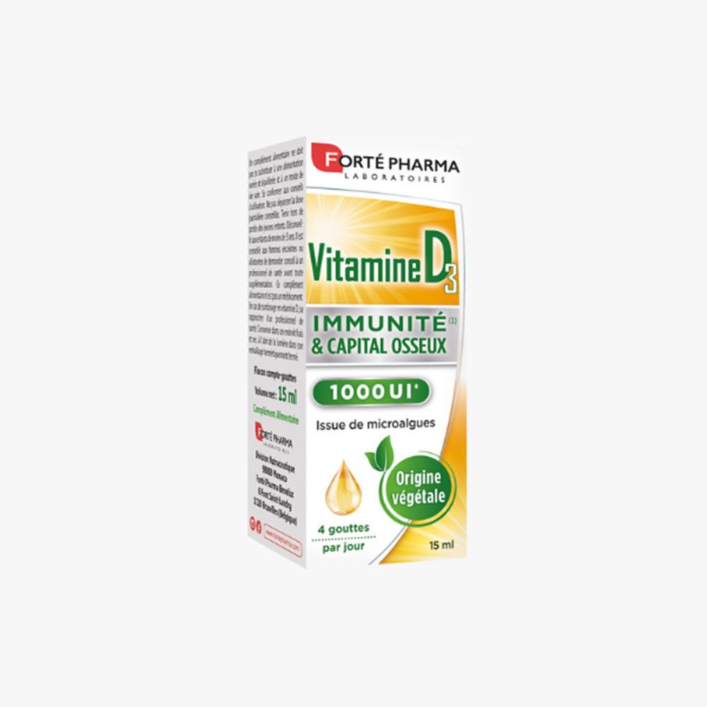 Boîte de gouttes de vitamine D3. Inscription : Vitamine D3, 1000 UI, Immunité & Capital osseux. 15 ml.