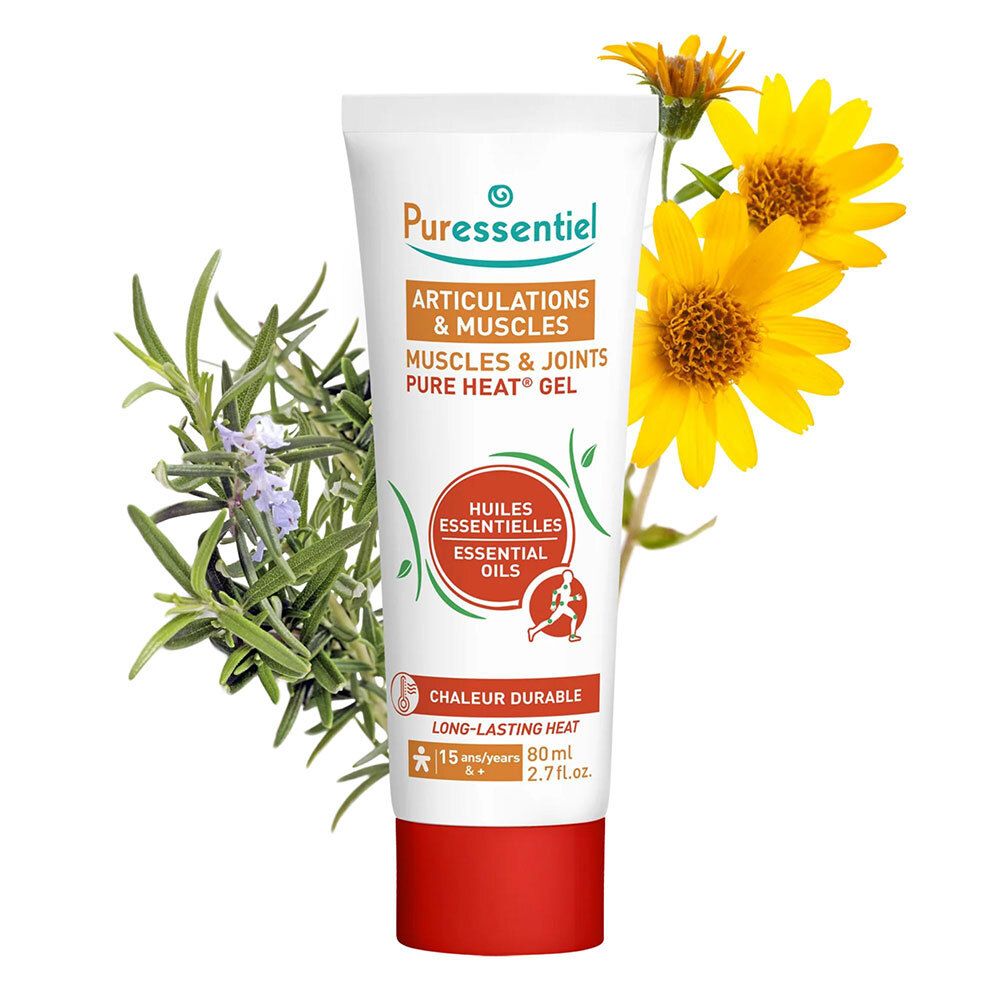 Tube de gel entouré de plantes. Inscription: Articulations & Muscles, Pure Heat Gel. Illustration d'un sportif.
