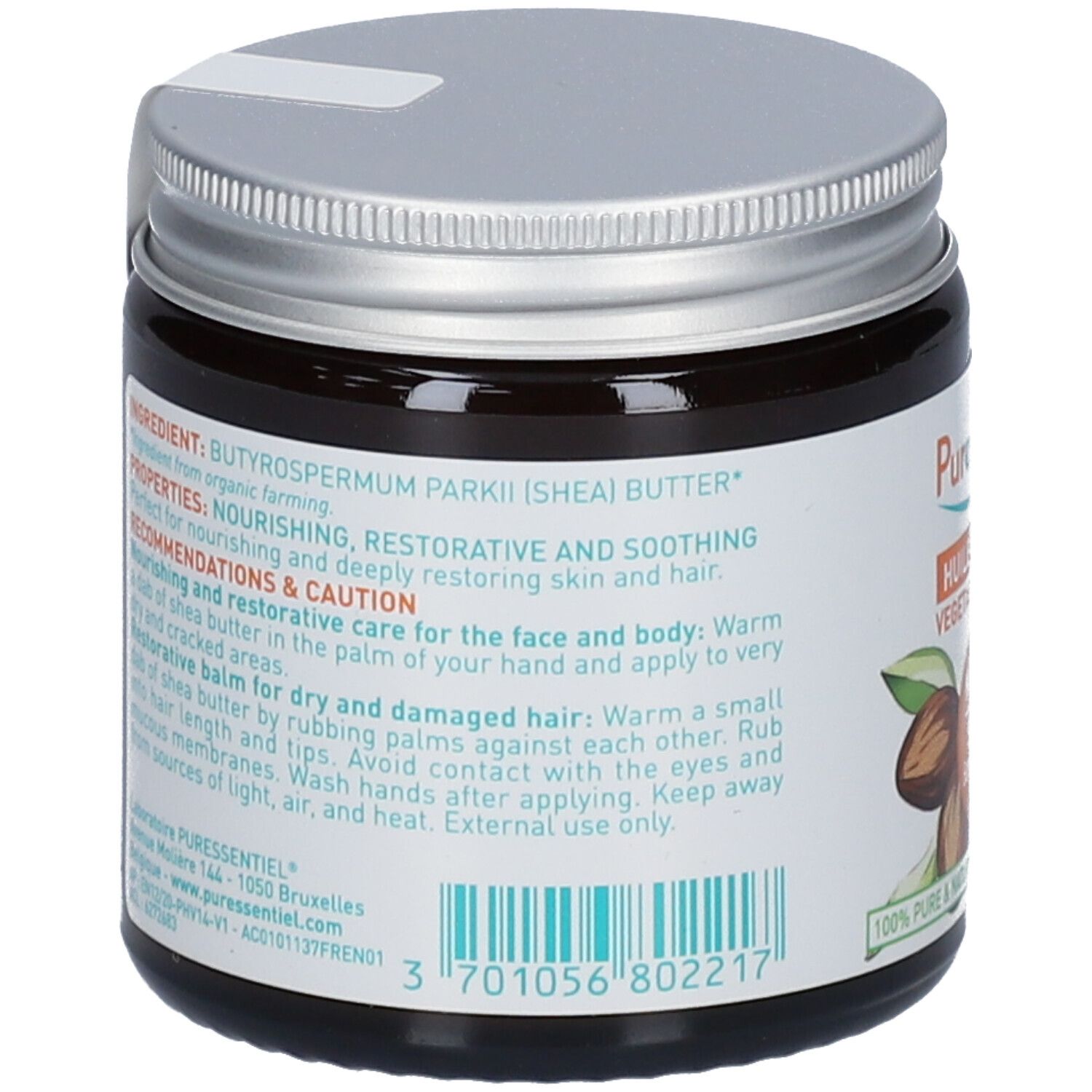 Dos d'un pot en verre brun avec couvercle argenté. Texte : Ingrédients, Propriétés, Recommandations, Précautions. Code-barres.