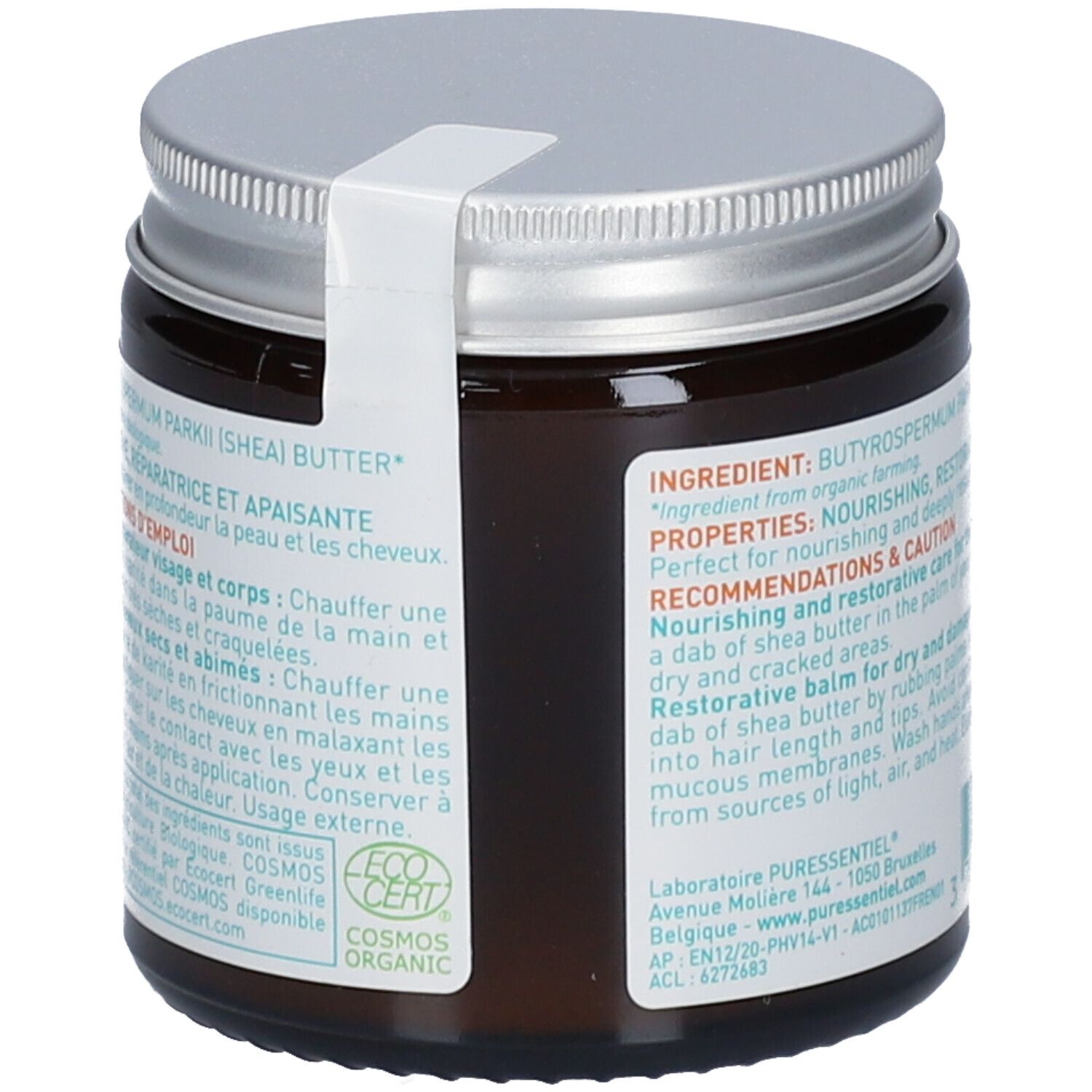 Dos d'un pot en verre brun avec couvercle argenté. Texte : Ingrédients, Propriétés, Recommandations, Précautions. Cosmos Organic.