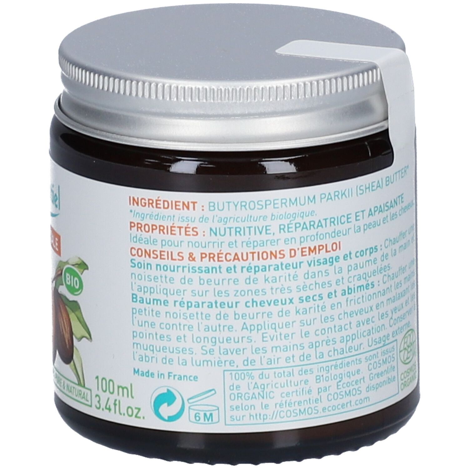 Dos d'un pot en verre brun avec couvercle argenté. Texte : Ingrédients, Propriétés, Recommandations, Précautions. Cosmos Organic.