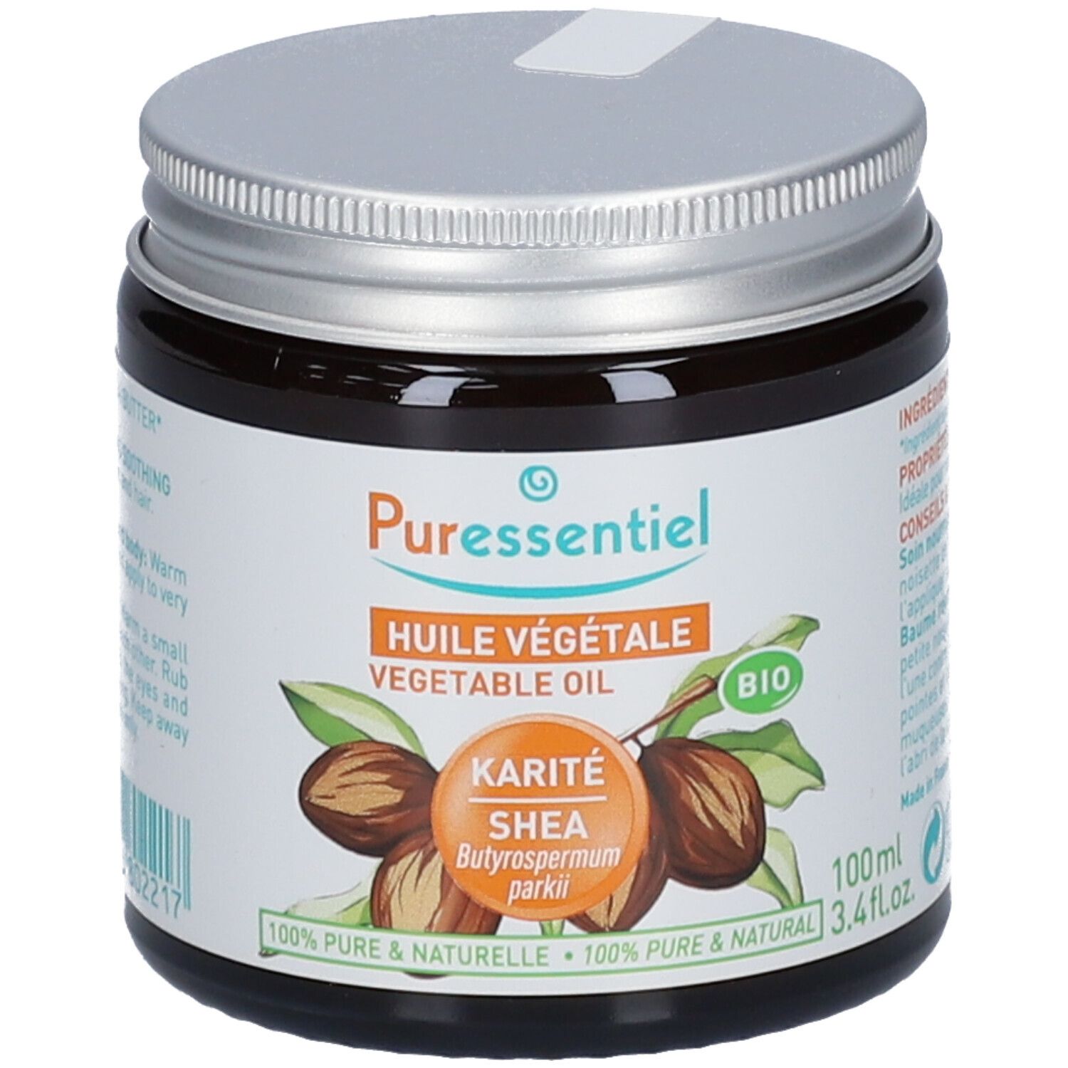 Pot en verre brun avec couvercle argenté. Inscription : Puressentiel, Huile Végétale, Karité Shea, Bio. 100% Pure & Naturelle.
