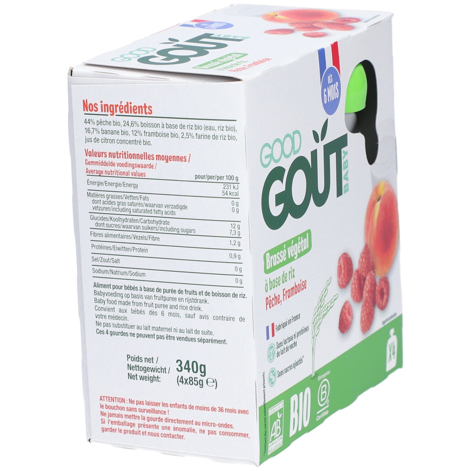 Dos de la boîte. Liste des ingrédients, valeurs nutritionnelles, poids net 340g (4x85g). Avertissement. Certification bio.