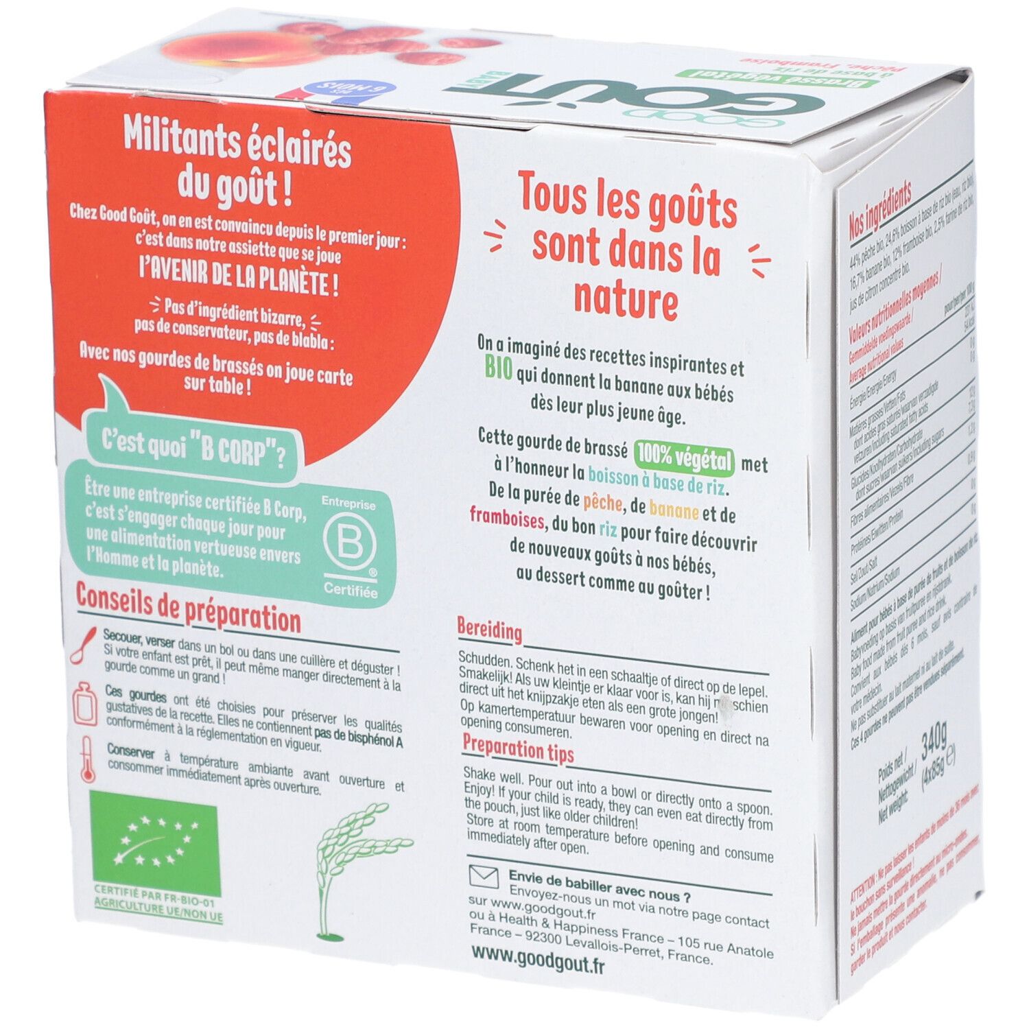 Dos de la boîte. Texte sur la marque et conseils de préparation. Certification bio. Coordonnées.