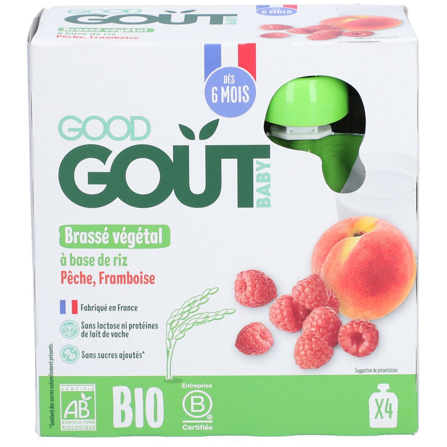 Boîte GOOD GOUT BABY, Brassé végétal, Pêche, Framboise. Ingrédients : riz, pêche, framboise. Certifié bio. Dès 6 mois.