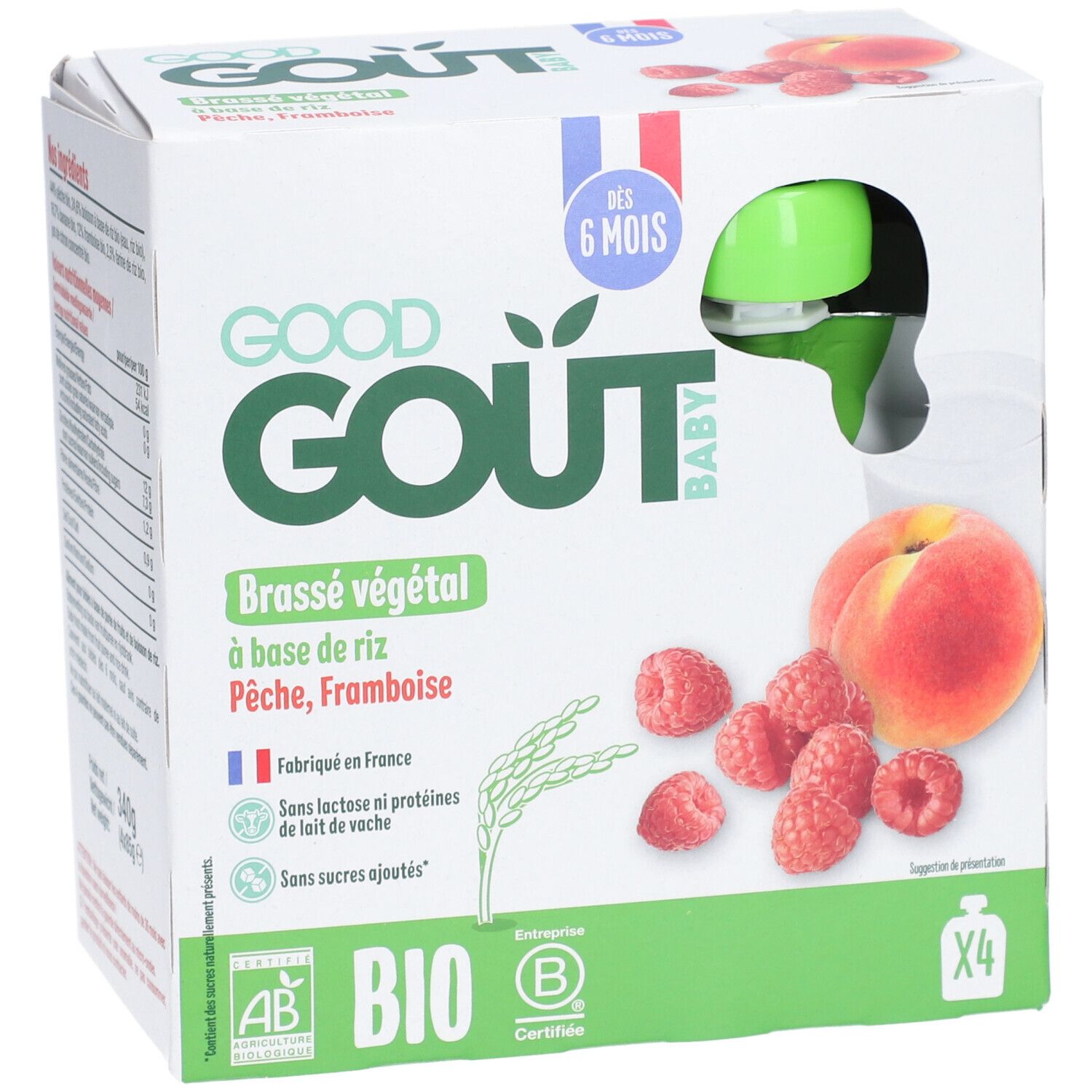 Boîte GOOD GOUT BABY, Brassé végétal, Pêche, Framboise. Ingrédients : riz, pêche, framboise. Certifié bio. Dès 6 mois.