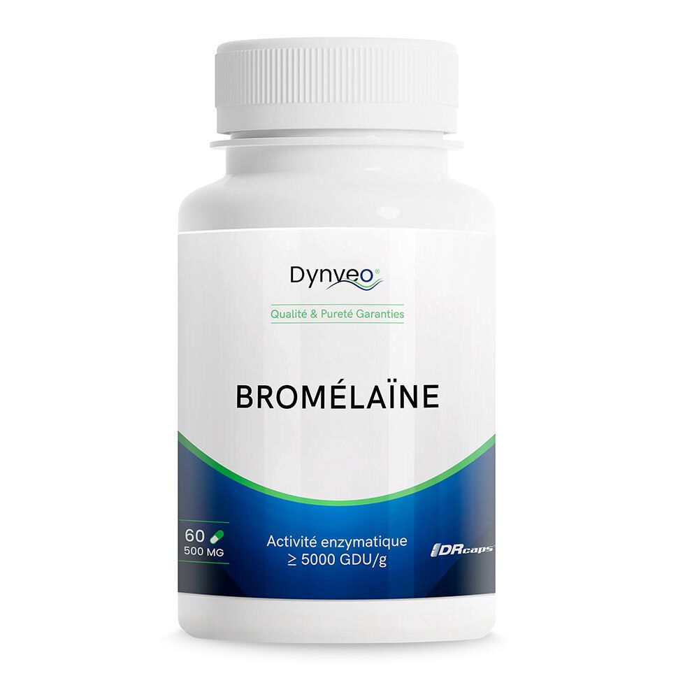 Flacon blanc de gélules. Inscription: DYNVEO, Bromélaïne. Accents bleus et verts. 60 gélules, 500 mg.