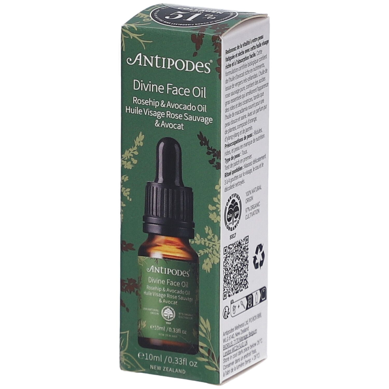 ANTIPODES Divine Face Oil en boîte. Flacon avec pipette. Rosehip & Avocado Oil. 10ml. Emballage vert avec texte.