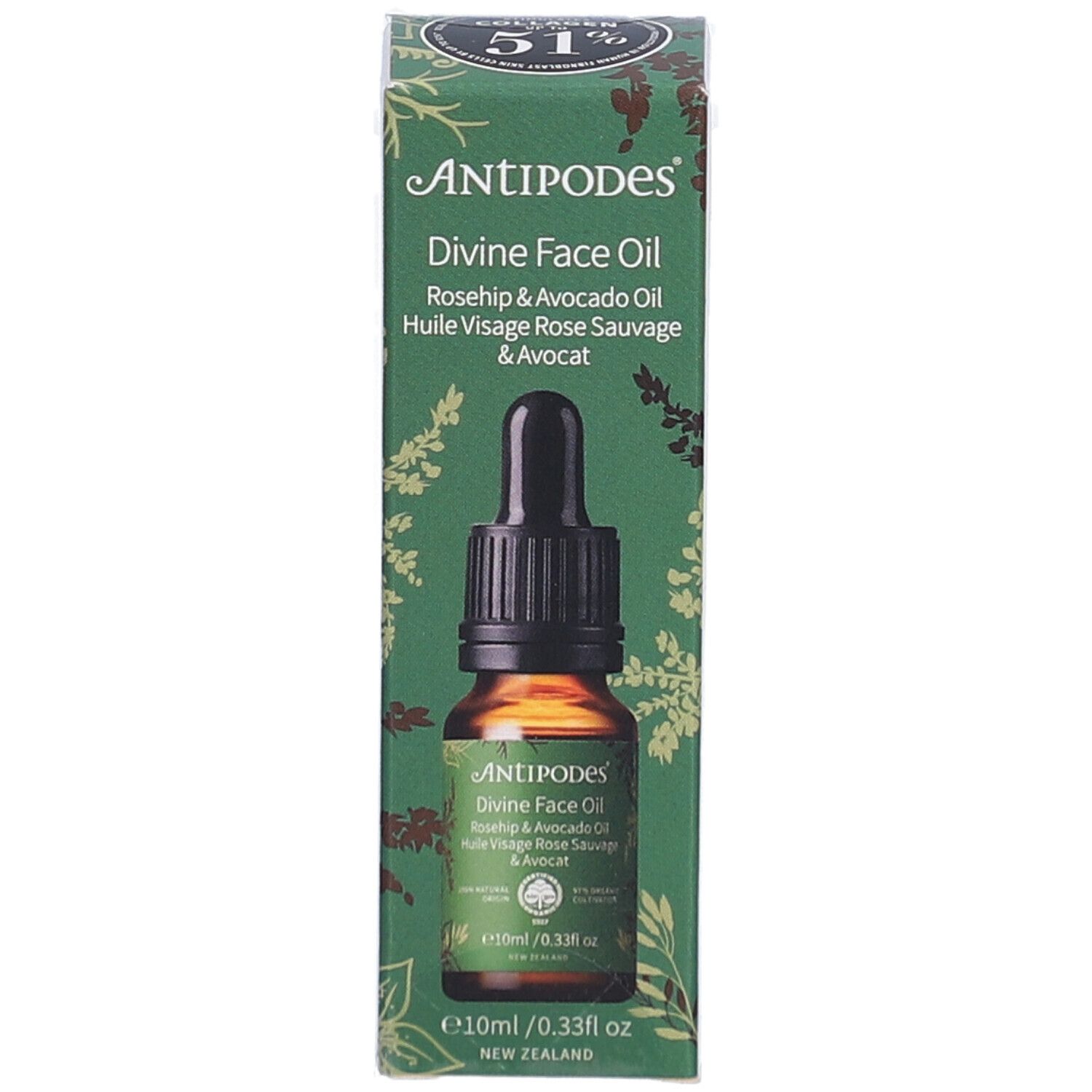 ANTIPODES Divine Face Oil. Flacon avec pipette. Rosehip & Avocado Oil. 10ml. Flacon en verre brun dans emballage.