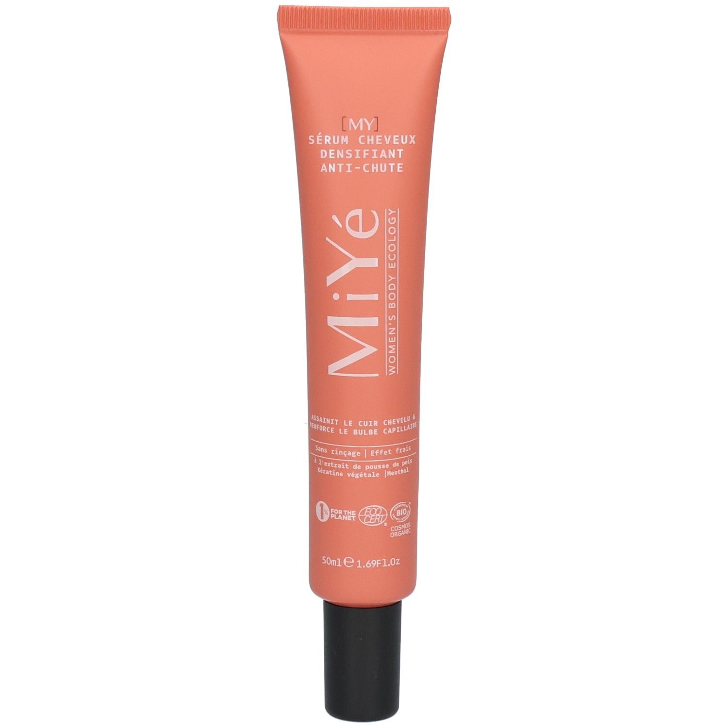 Avant d'un tube orange de sérum capillaire. Texte et sceaux visibles.