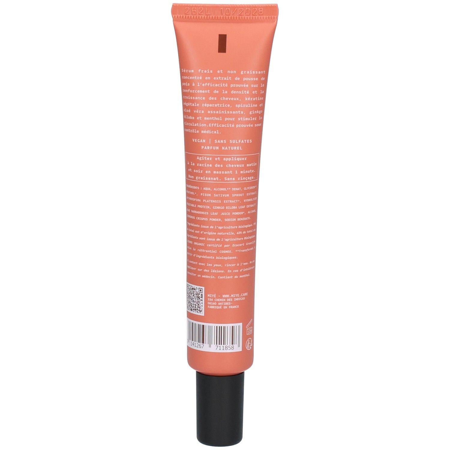 Arrière d'un tube orange de sérum capillaire. Contient des informations détaillées.