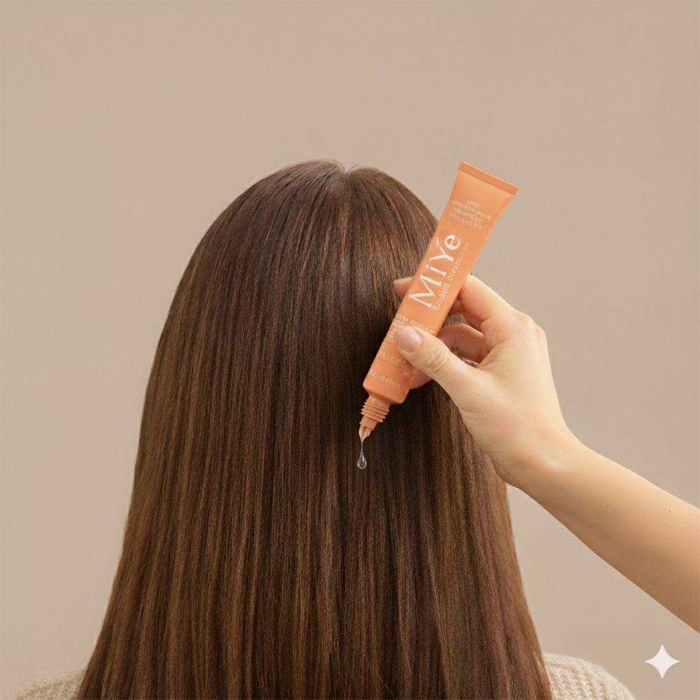 Main tenant un tube de sérum capillaire au-dessus de cheveux bruns longs. Une goutte tombe.